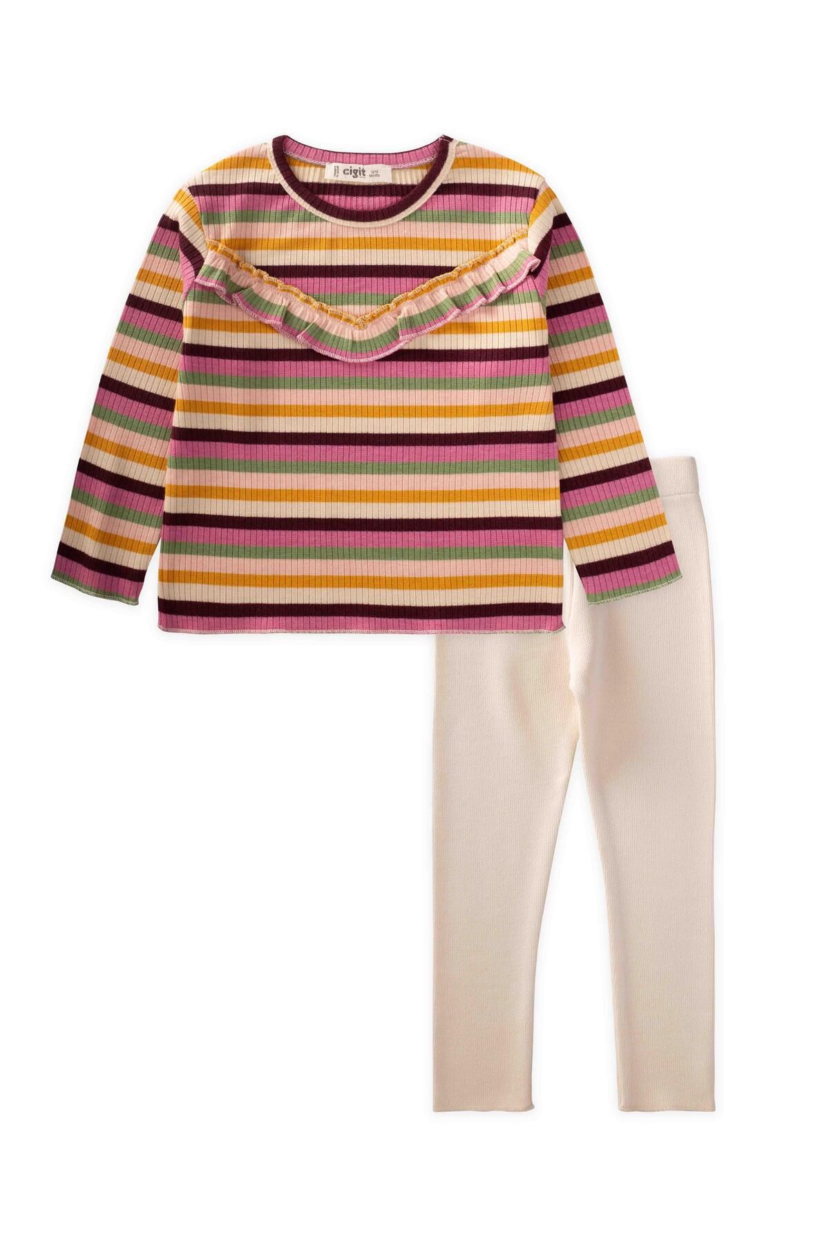 Cigit-Ruffle Detailed Striped Seasonal Girls' Suit 1-8 Years Colorful Striped 1