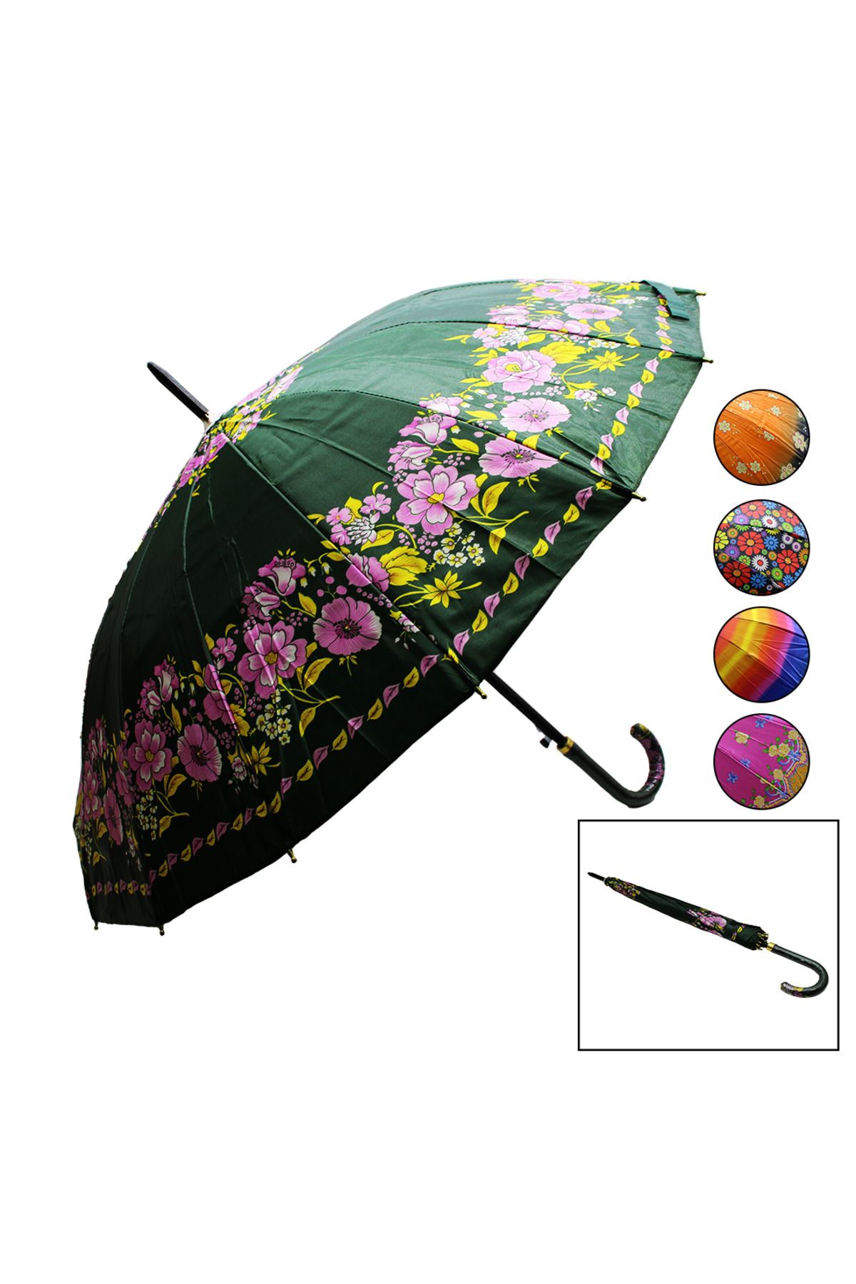 KutuluStore DESENLİ RENKLİ SAPLI - 16 TELLİ BASTON ŞEMSİYE RENKLİ (5168)