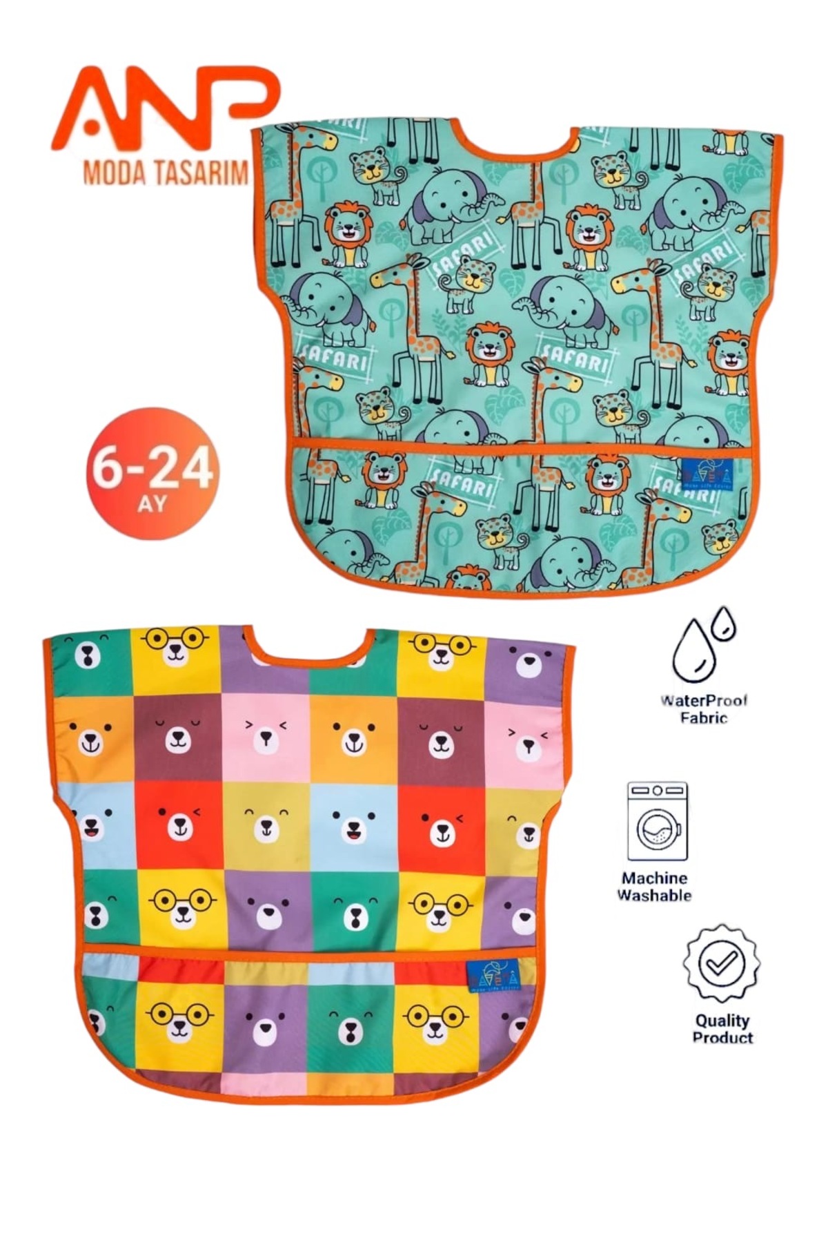 Sıvı Geçirmez 2’Li Set Kolsuz Aktivite Mama Önlüğü (SAFARİ-COLOUR) 6-24 Ay