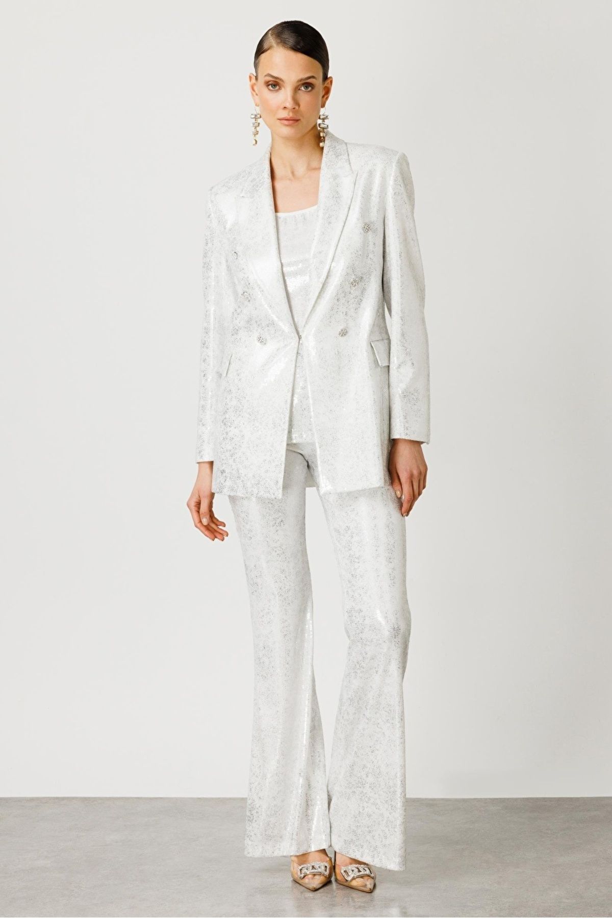 Nefeli-Mono Collar Button Detailed Sequin Jacket Ekru Size: 46 1