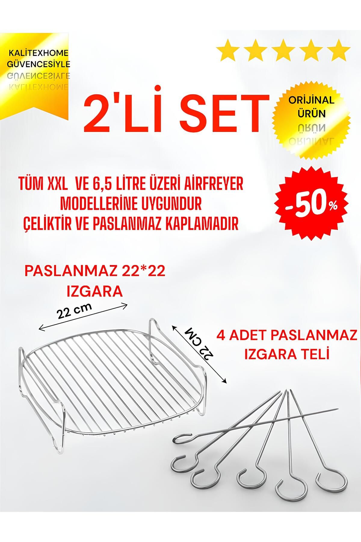 kalitexhome AİRFRYER XXL UYUMLU IZGARA TELİ VE YANINDA PALANMAZ 4 LÜ ŞİŞ SETİ