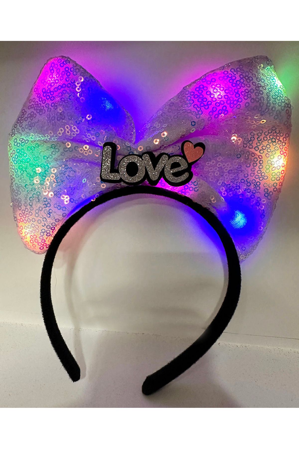 demila Led Işıklı 3 Farklı Fonksiyonda Yanan Gümüş Love Yazılı Lila Fiyonk Taç 20 - MLA3662-9629