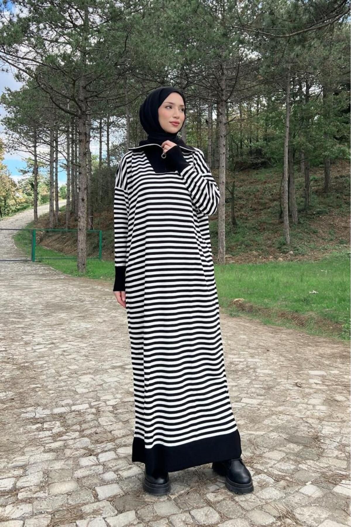 Lamia Giyim-Horizontal Striped Zippered Hijab Knitwear Dress Black 4