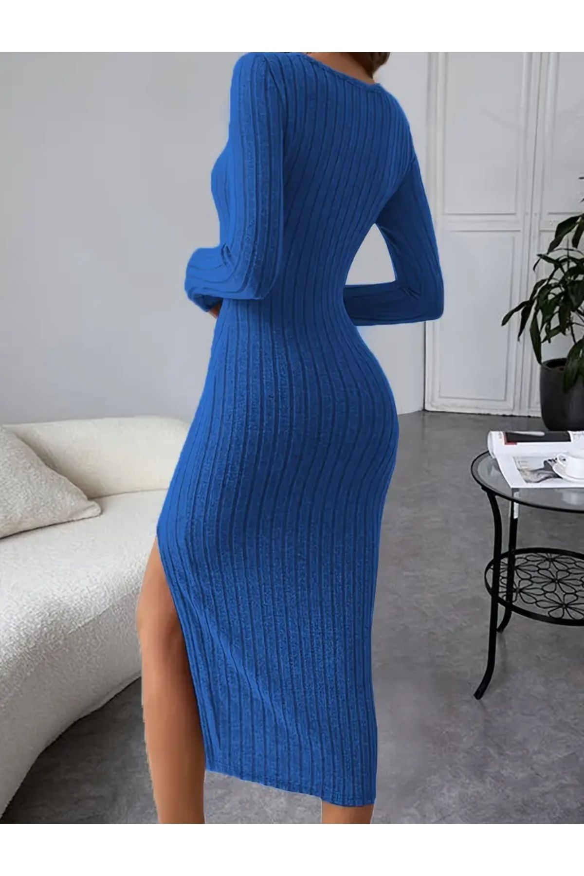 SHEIN-Blue Slit Long Sleeve Dress 3
