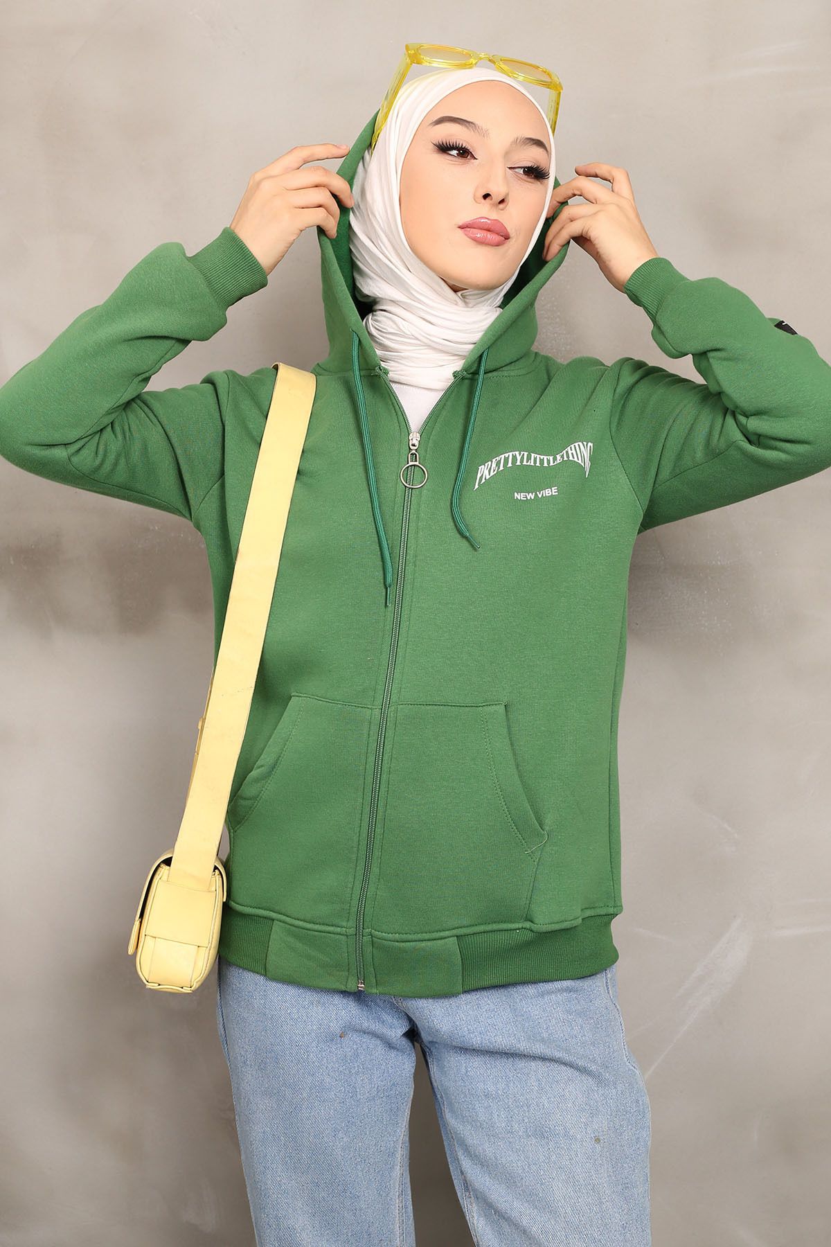 İmajButik-Green Hooded Three Thread Raised Sweatshirt 2