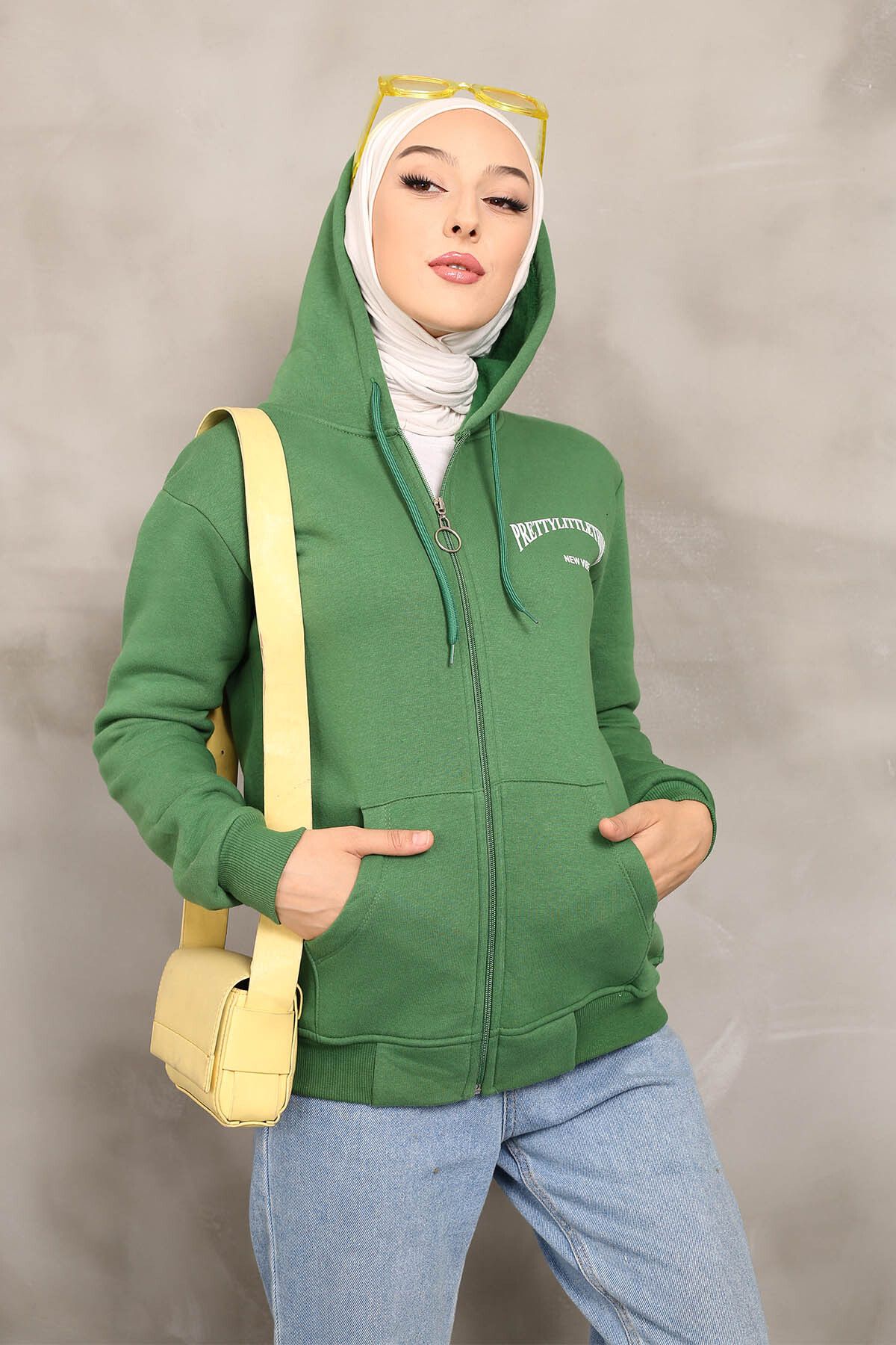 İmajButik-Green Hooded Three Thread Raised Sweatshirt 6