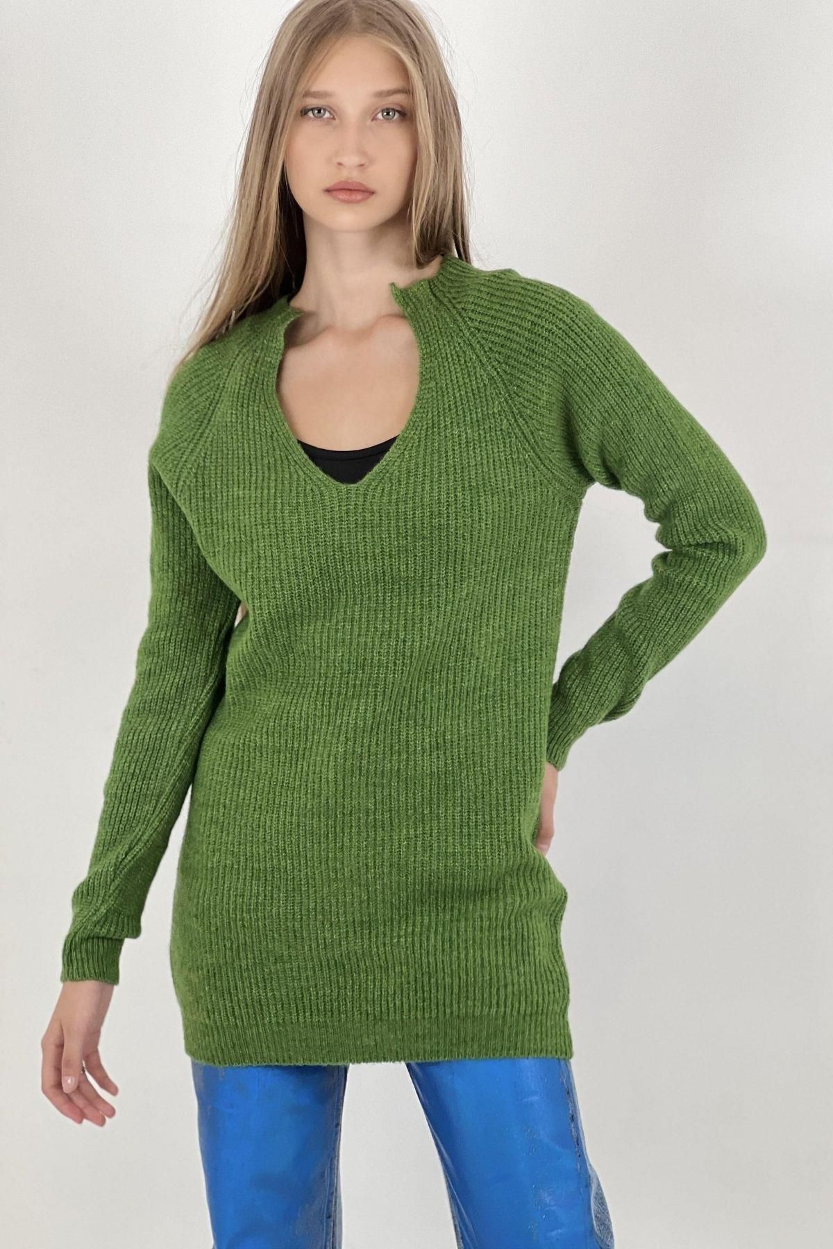 Miss Poem-Pulover de damă, cu mânecă lungă, cu mânecă lungă, cu nervuri, verde scurt 1
