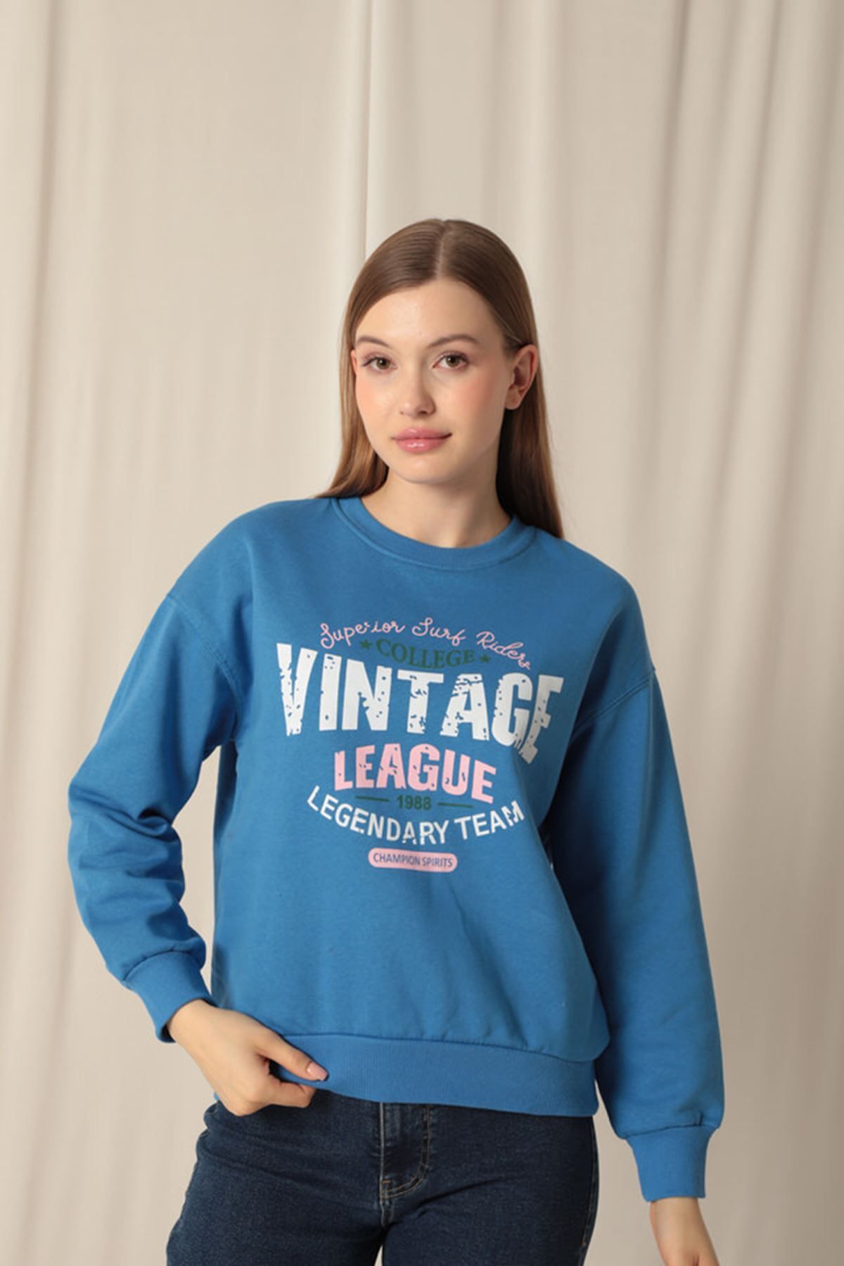 svakki Üç İplik Kumaş Vintage Baskılı Kadın Mavi Sweat