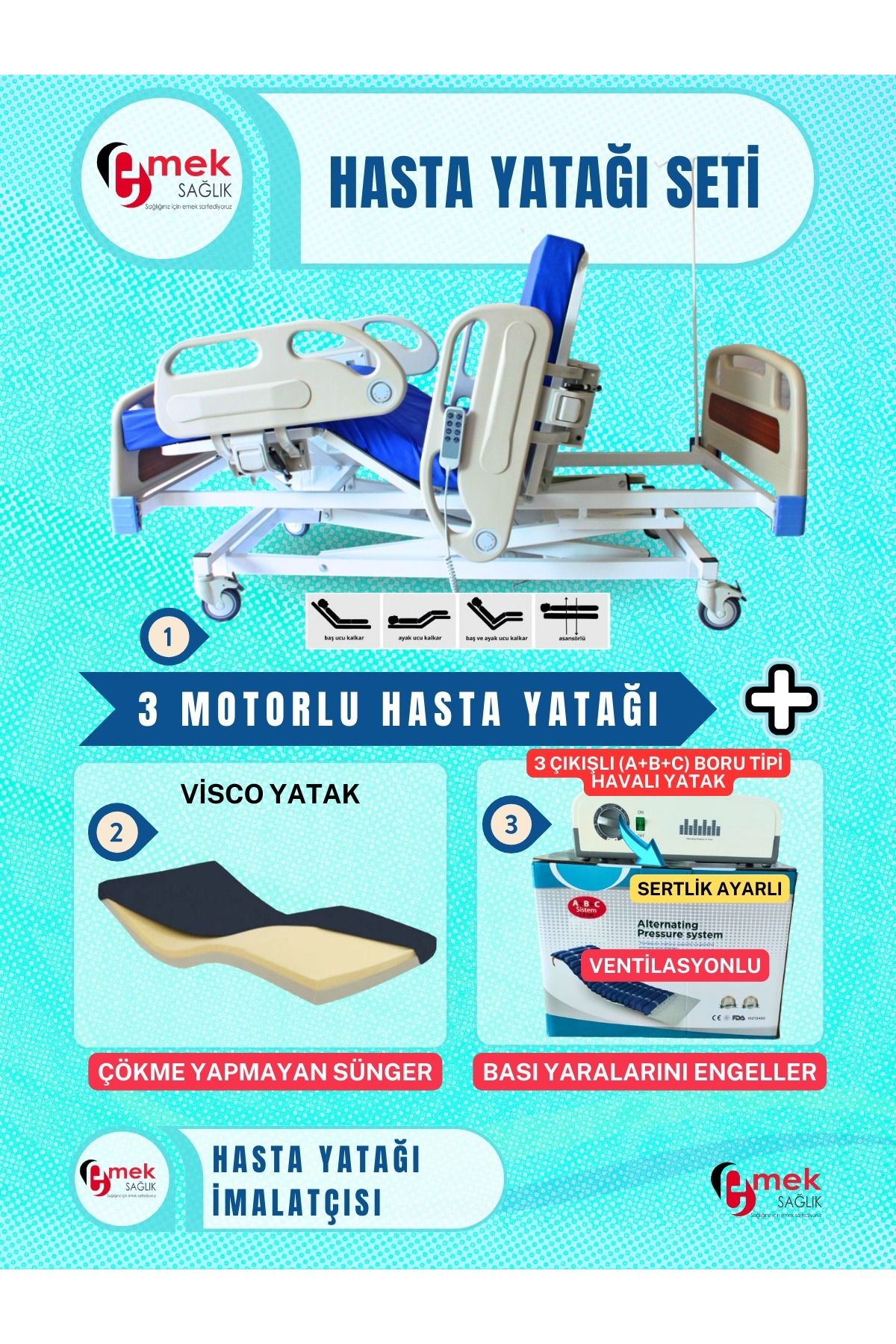 emek sağlık 3 Motorlu Full ABS Hasta Karyolası + Visco Yatak + 3 Çıkışlı ABC Boru Tipi Havalı Yatak Takımı