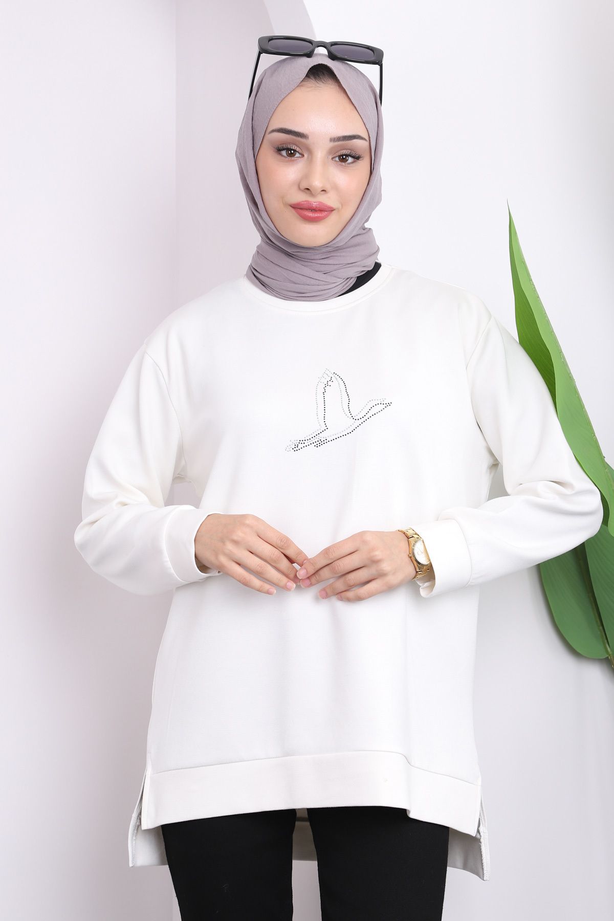 İmajButik-Φούτερ εκρού Crew Neck Side Slit 1
