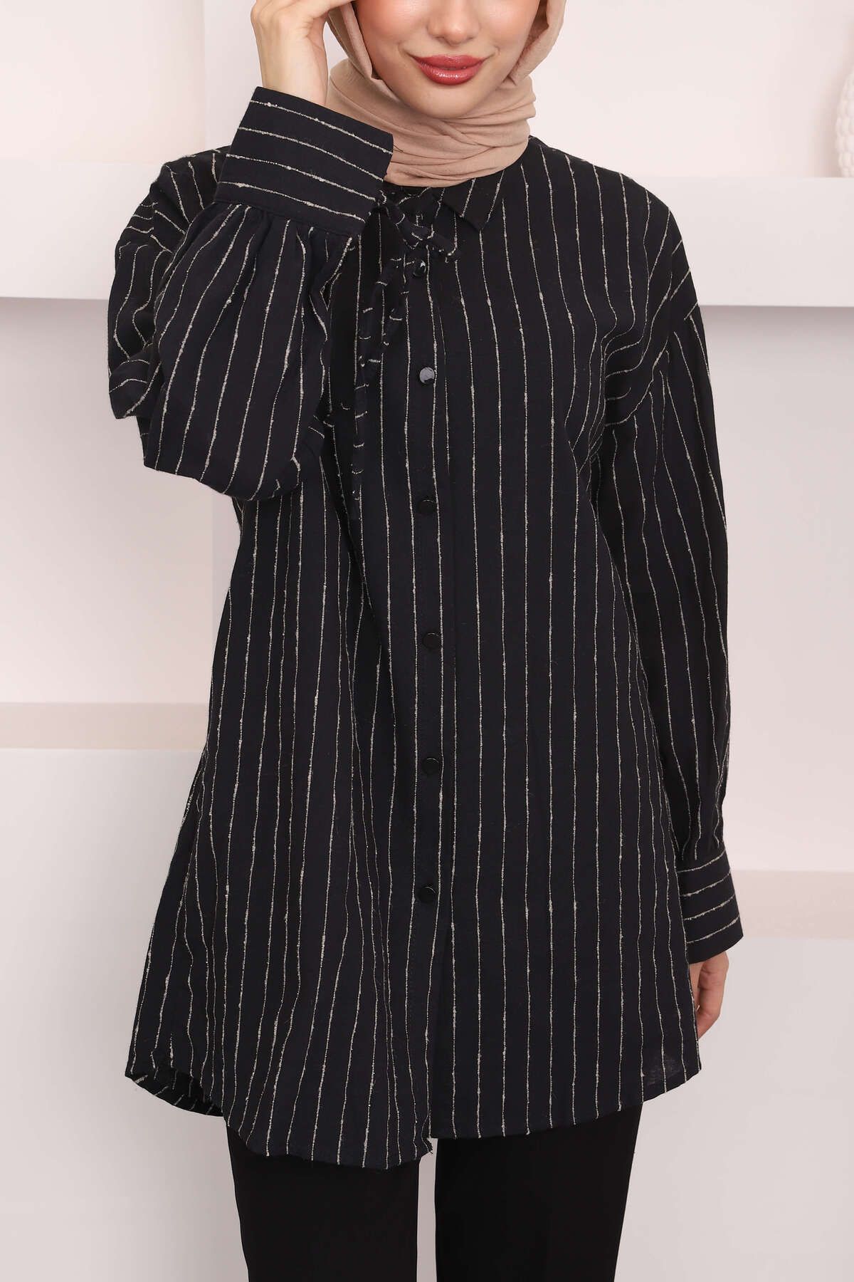 İmajButik-Linen Shirt - Black Striped Design 4