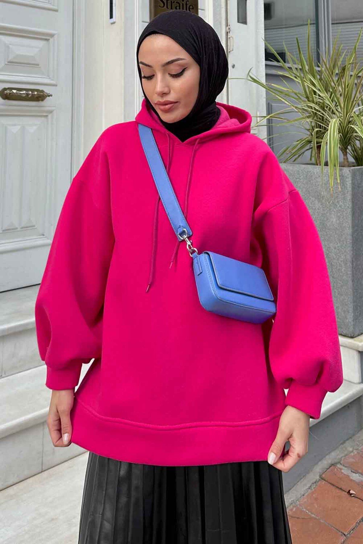 lamelif-Fuchsia Balloon Sleeve Three Thread Sweatshirt 2