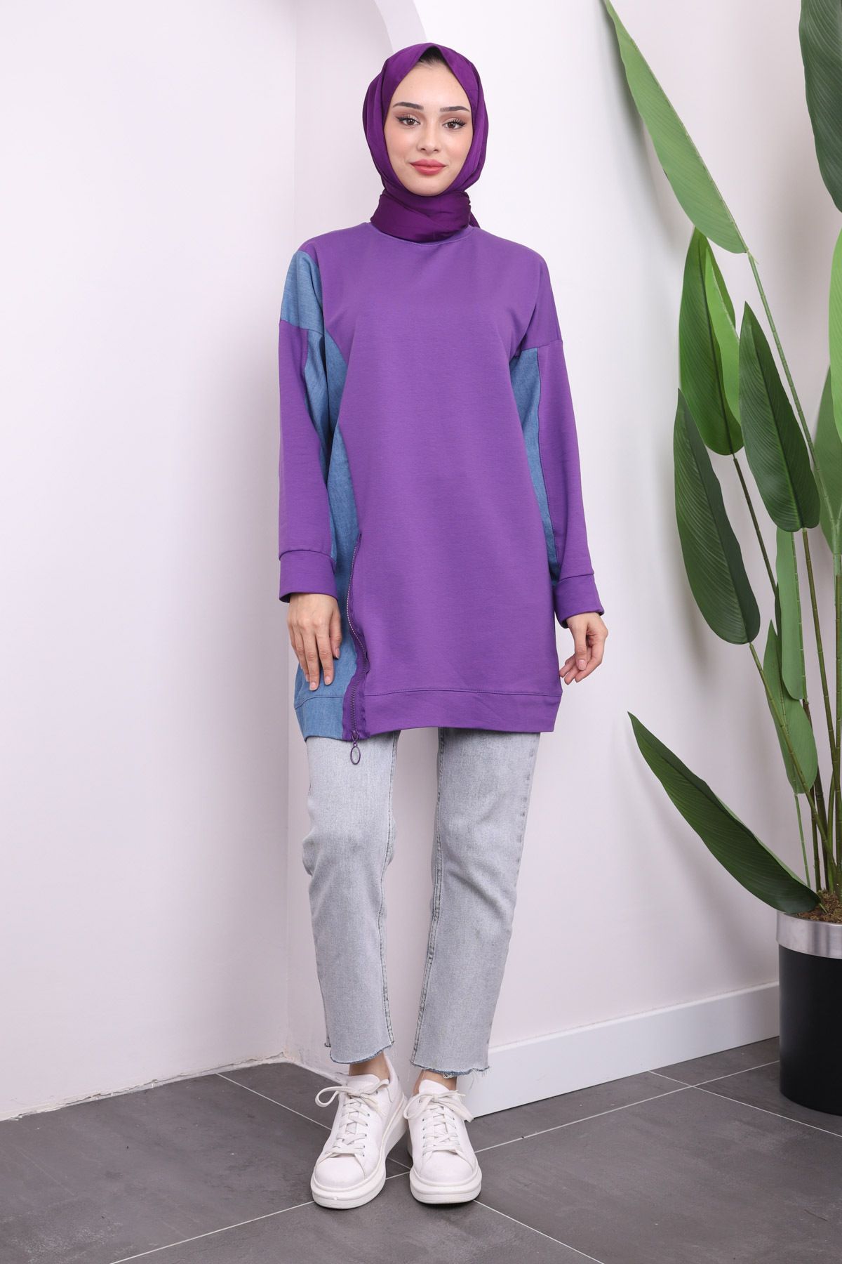 İmajButik-Purple Denim Detailed Zippered Tunic 2