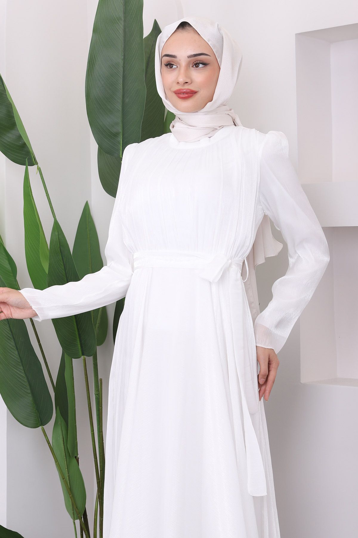 İmajButik-Front Pleated White Belted Evening Dress 3