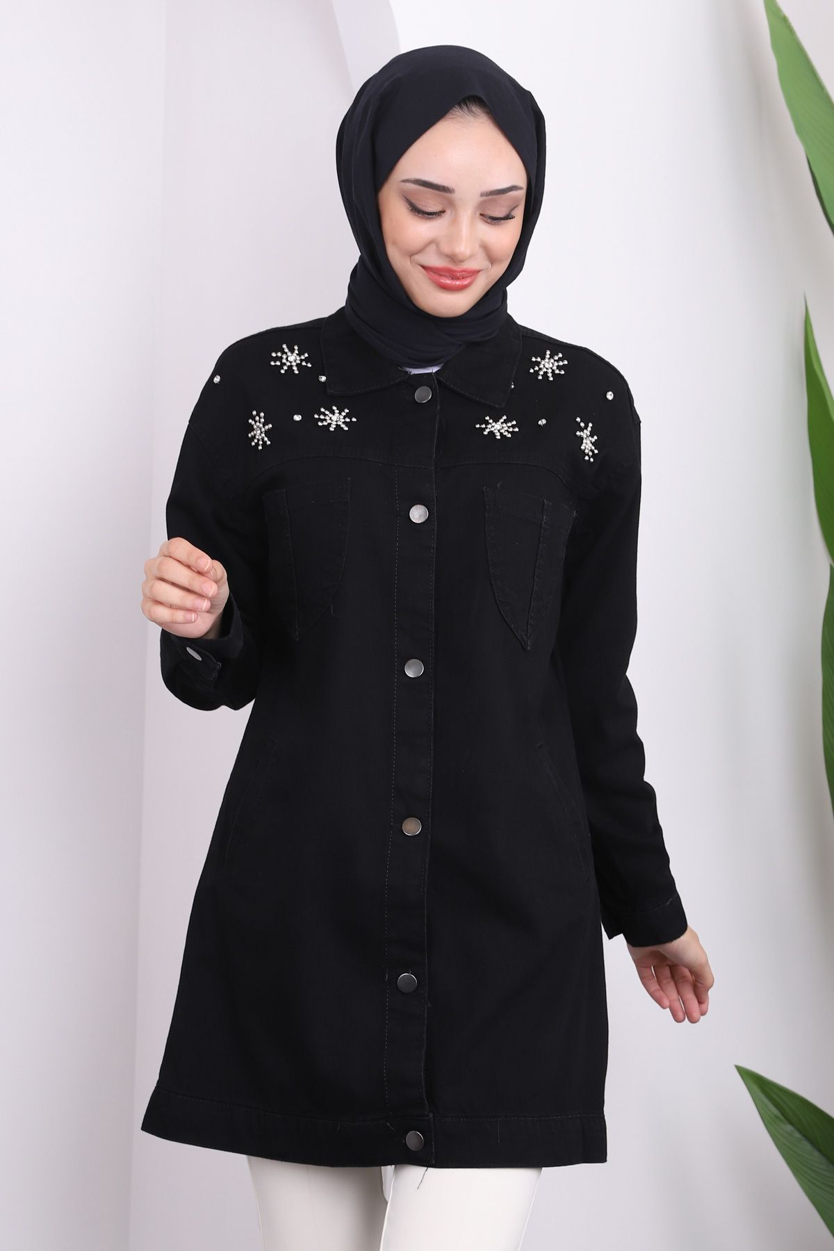 İmajButik-Black Denim Jacket with Stone DeTail - Pockets 3