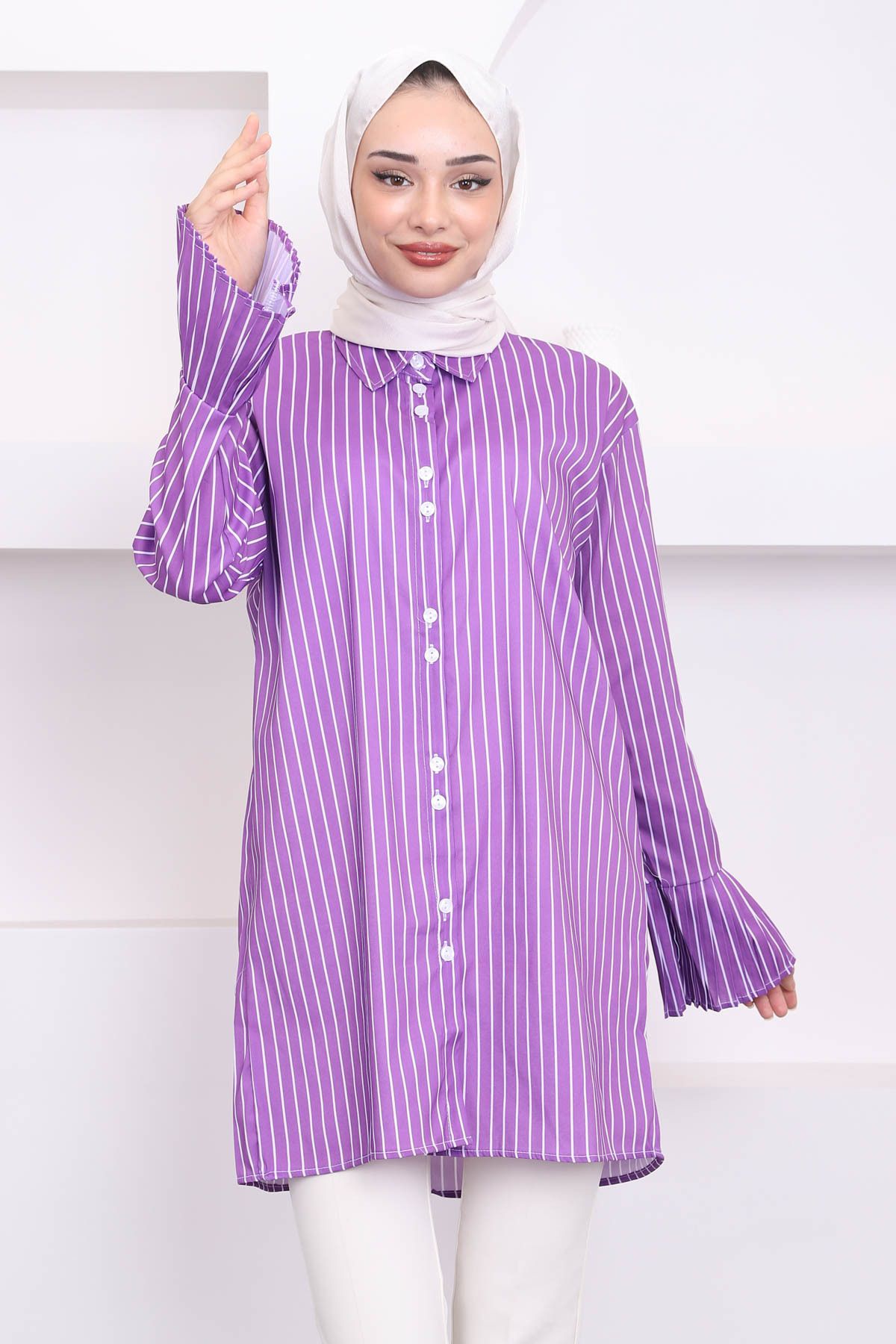 İmajButik-Purple Striped Pleated Sleeve Tunic - Buttoned Design 3