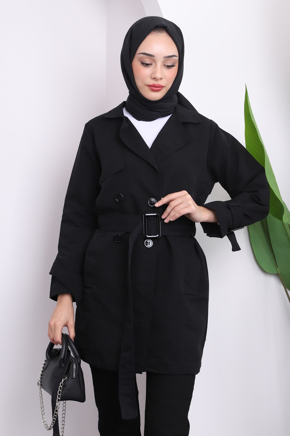 İmajButik-Black Pocketed Waist Belted Short Trench Coat 3