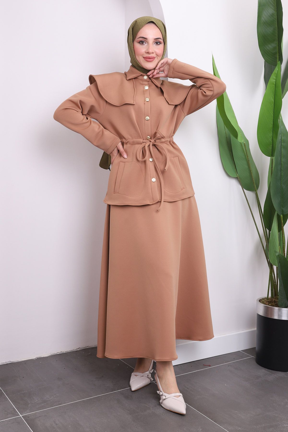 İmajButik-Scuba Fabric Biscuit Set - Jacket with Waist Drawstring Skirt 2