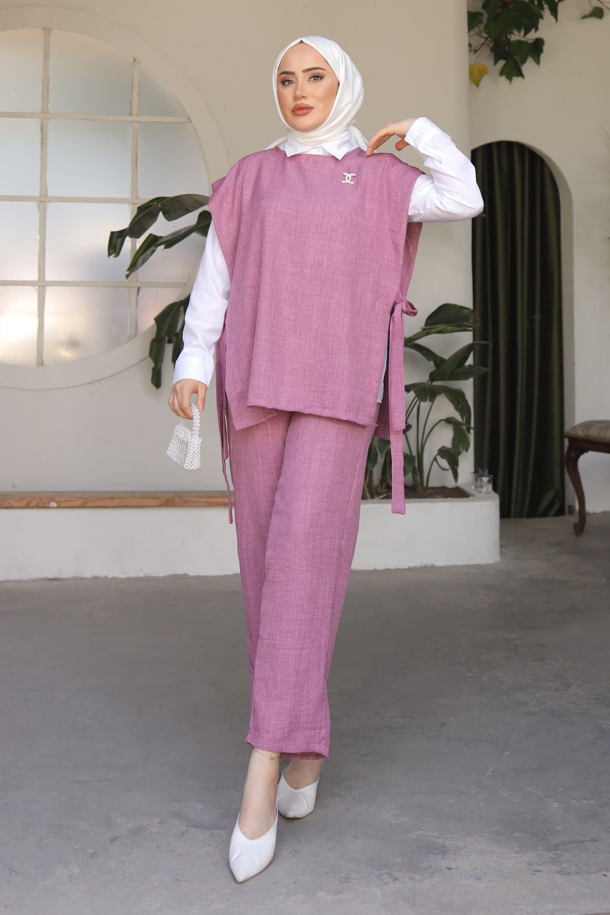 İmajButik-Triple Linen Set with Dried Rose Bronchies and Side Detail 3