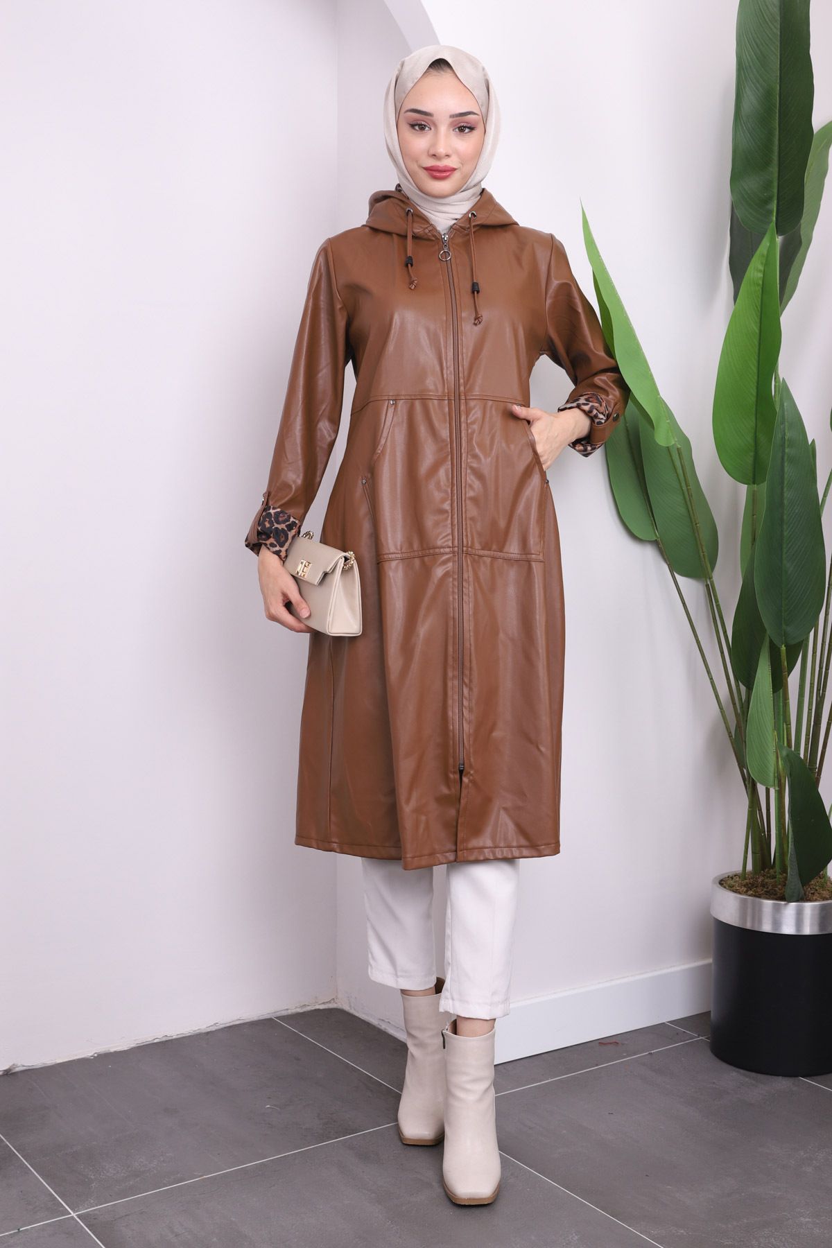 İmajButik-Tan Hooded Sleeve Layered Leather Trench Coat 1