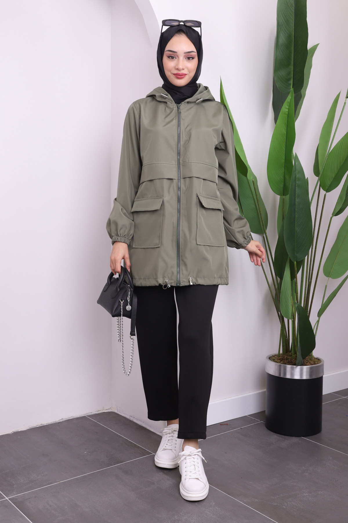 İmajButik Haki Kapüşonlu Fermuarlı Kısa Trenç