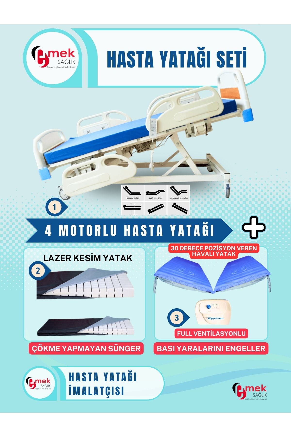 emek sağlık 4 Motorlu Full Abs Hasta Karyolası + Cnc Lazer Kesim Yatak + 30 Derece Pozisyon Veren Havalı Yatak