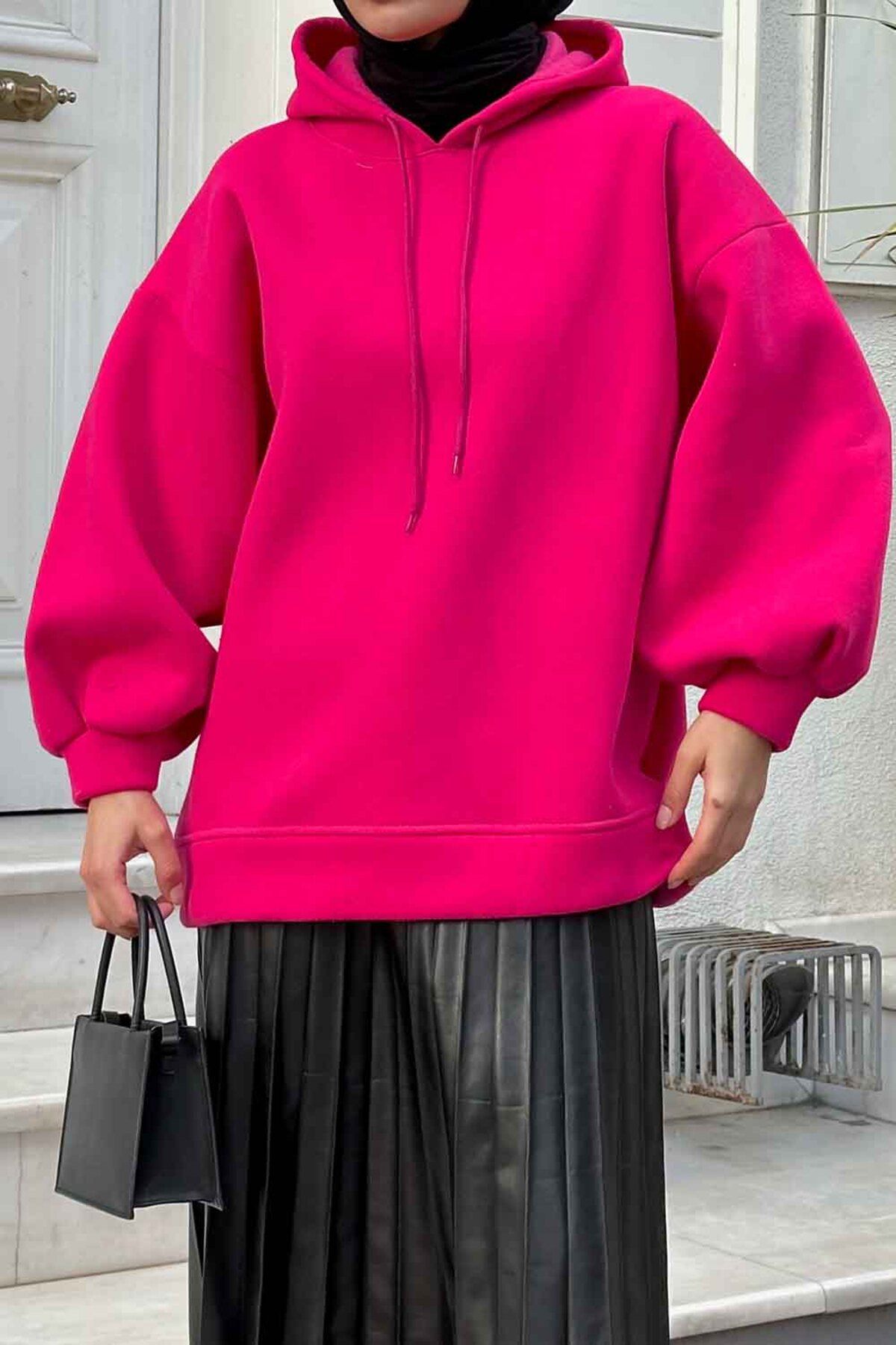 lamelif-Fuchsia Balloon Sleeve Three Thread Sweatshirt 3