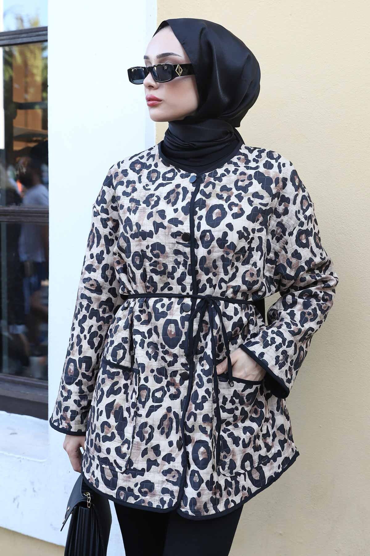 İmajButik-Jachetă matlasată cu model leopard negru 1