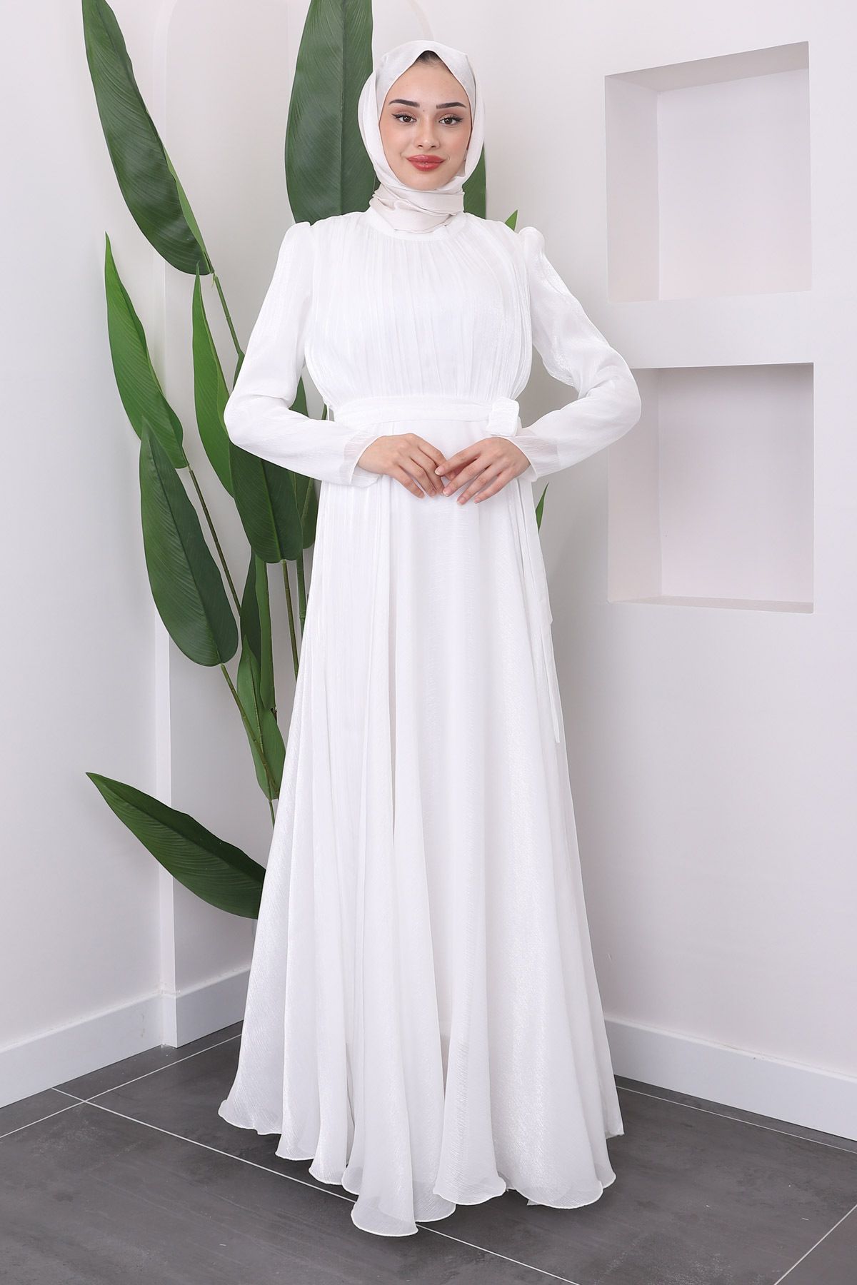 İmajButik-Front Pleated White Belted Evening Dress 2