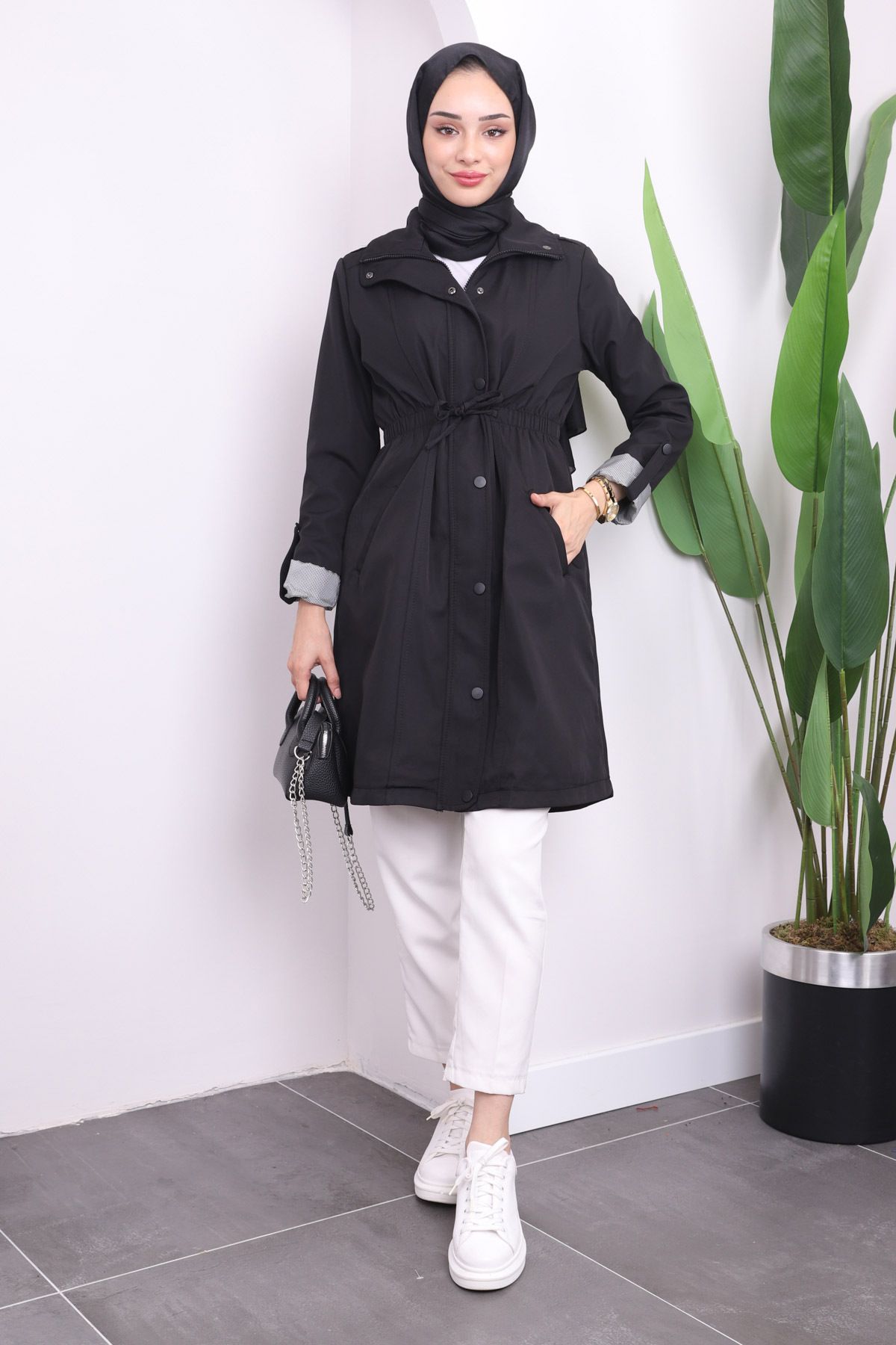 İmajButik-Black Pocketed Front Zipped Trench Coat 2