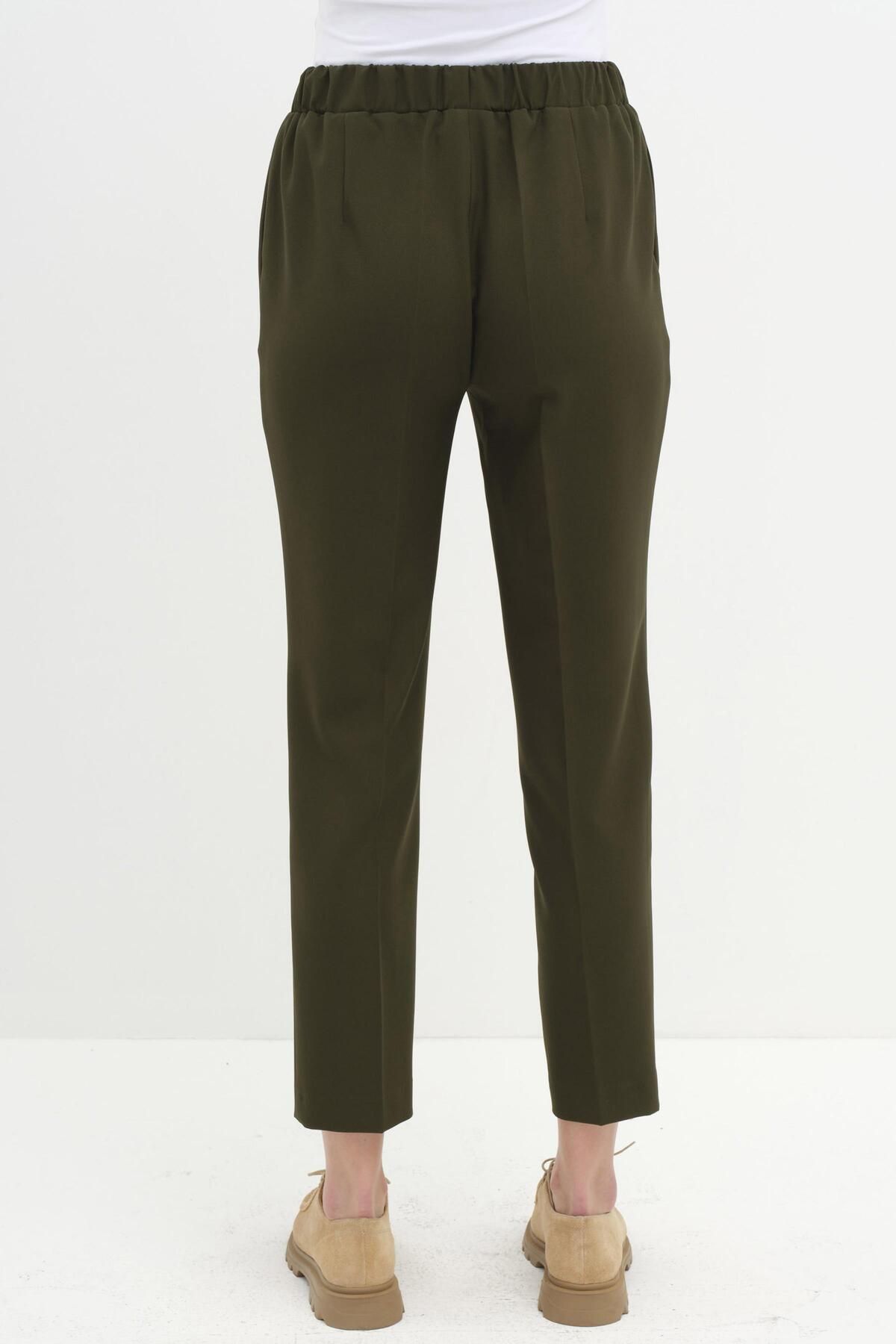 Tuğba-Khaki Colored Elastic Waist Carrot Trousers 6