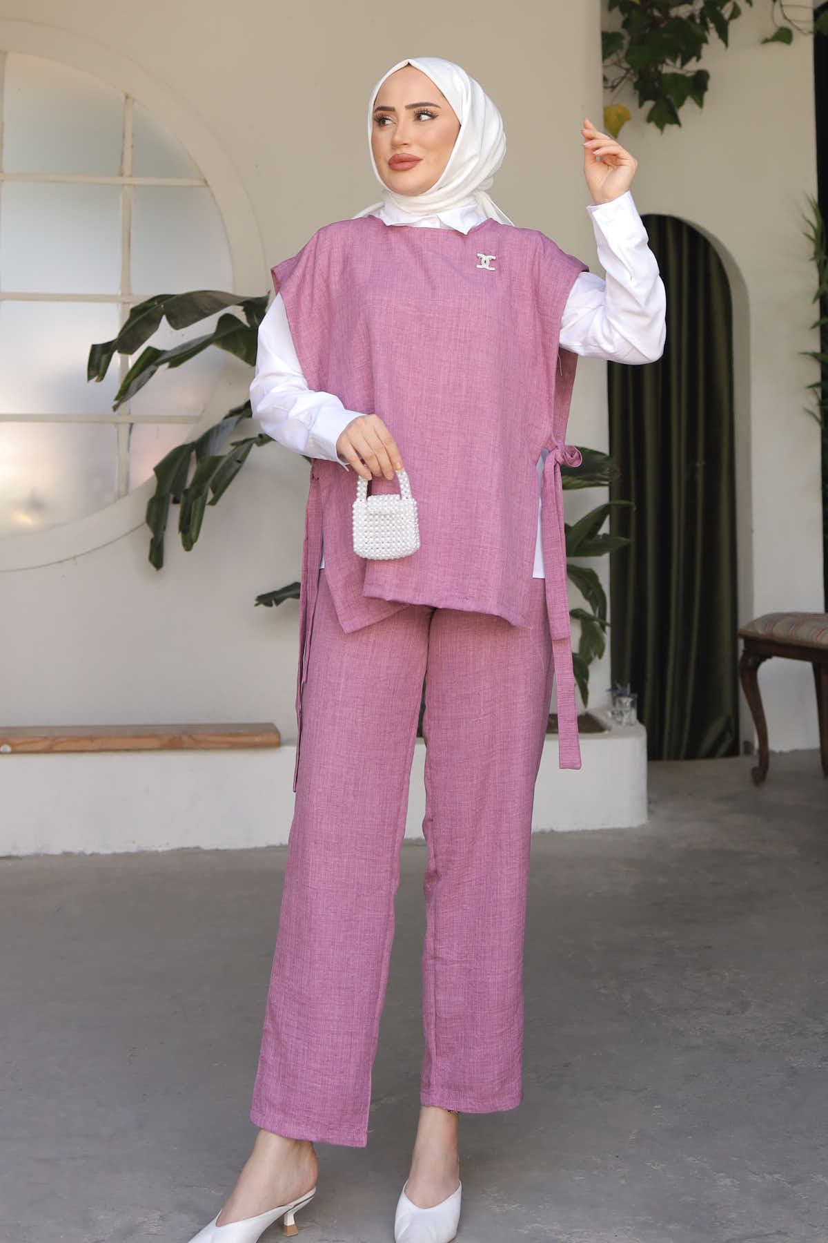 İmajButik-Triple Linen Set with Dried Rose Bronchies and Side Detail 1