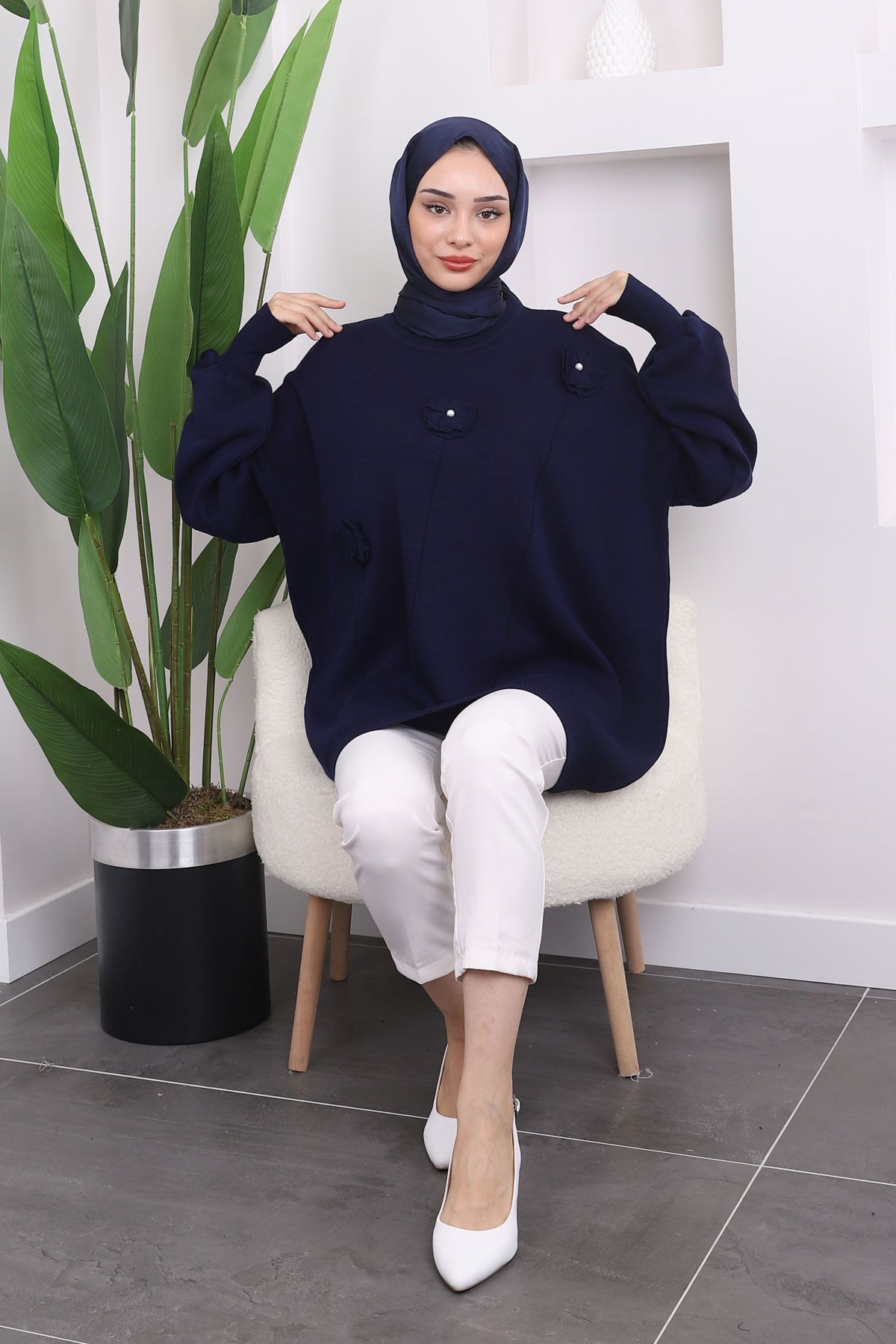 İmajButik-Navy Blue Crew Neck Květinové Detailní Knitwear Svetr 4