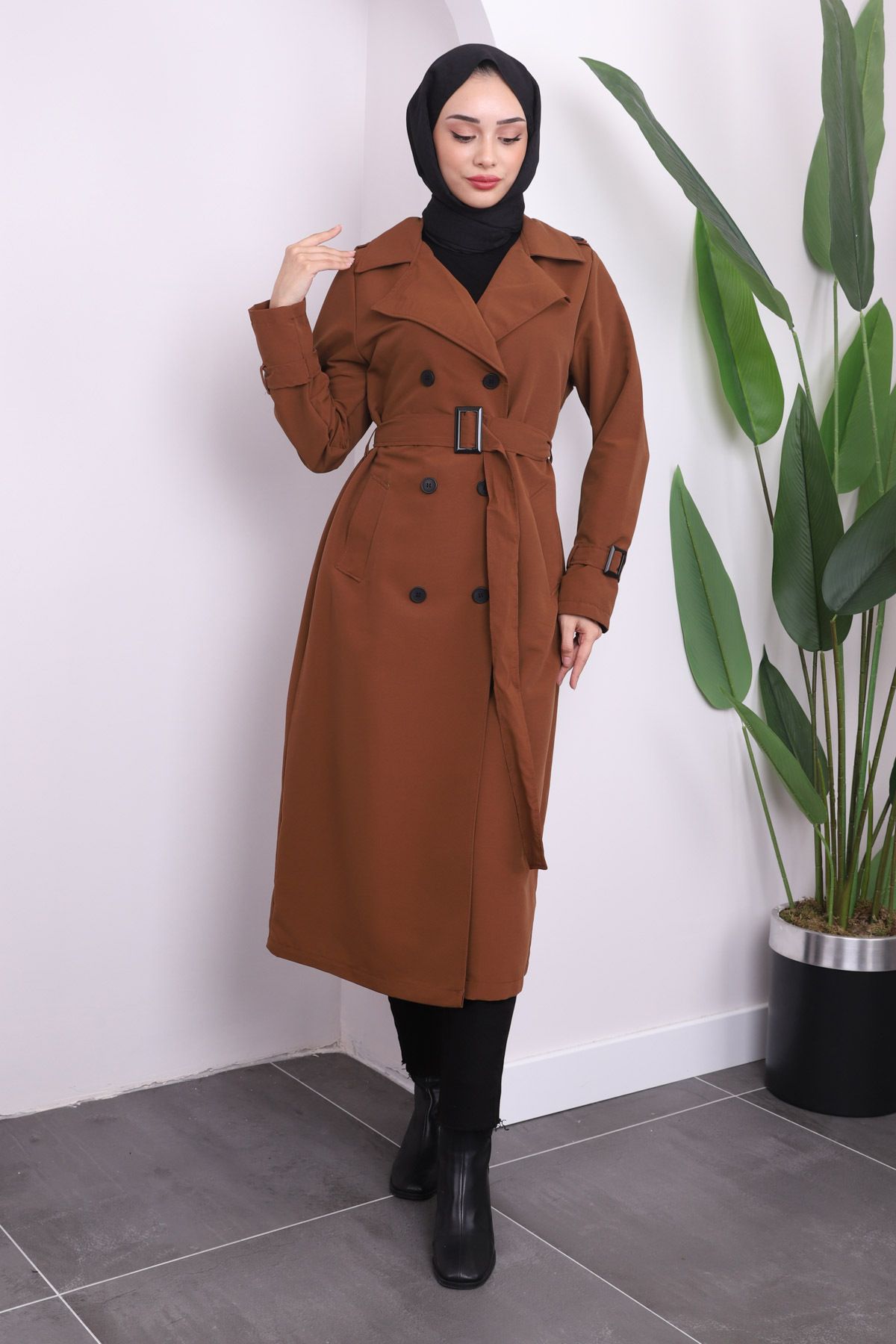 İmajButik-Brown Pocket Waist Belted Trench Coat 2