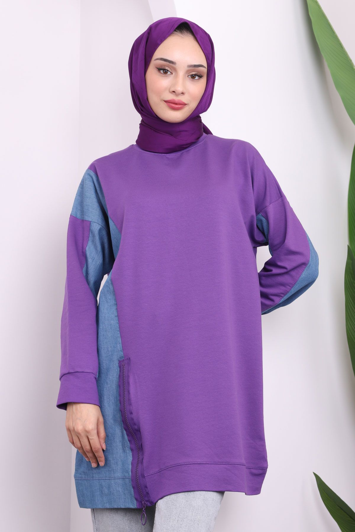 İmajButik-Purple Denim Detailed Zippered Tunic 3