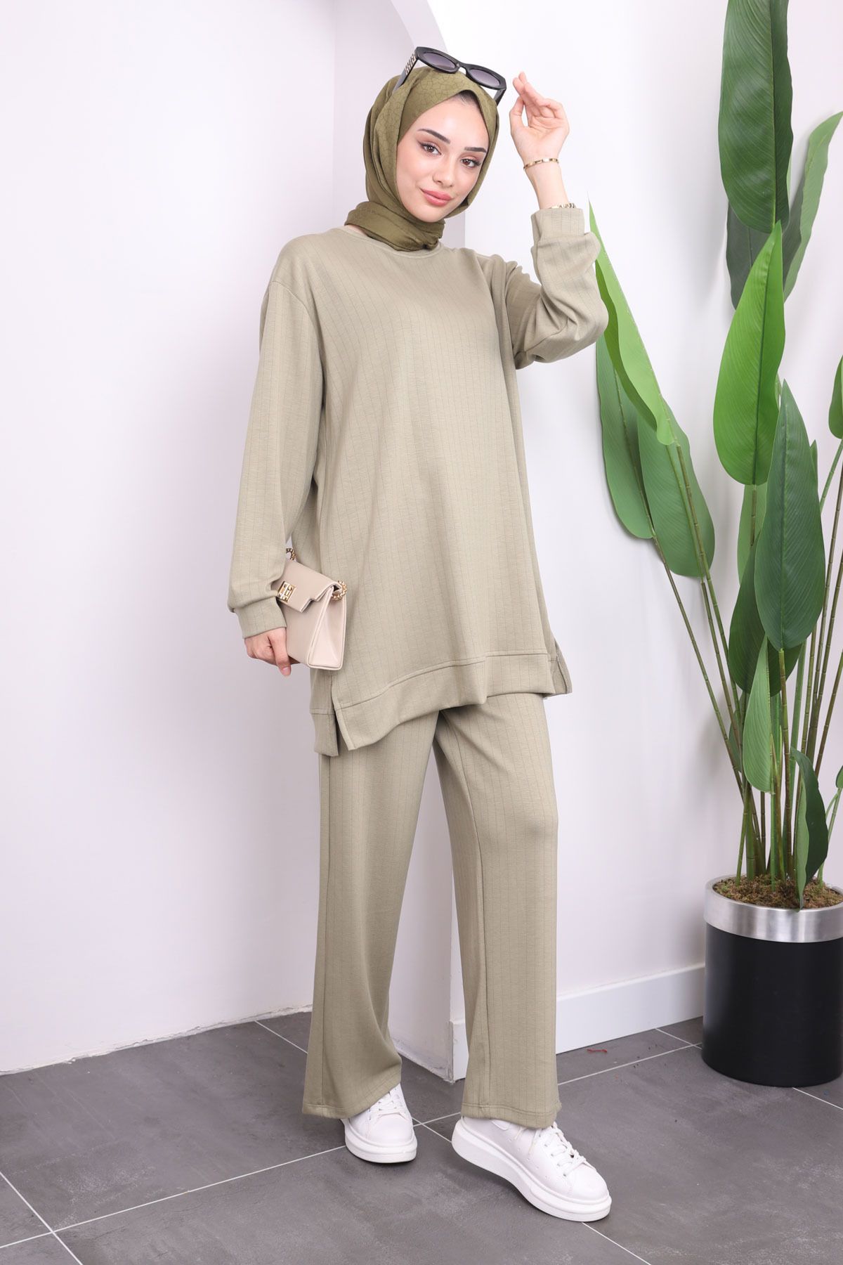 İmajButik-Khaki Crew Neck Tunic Trousers Set 3