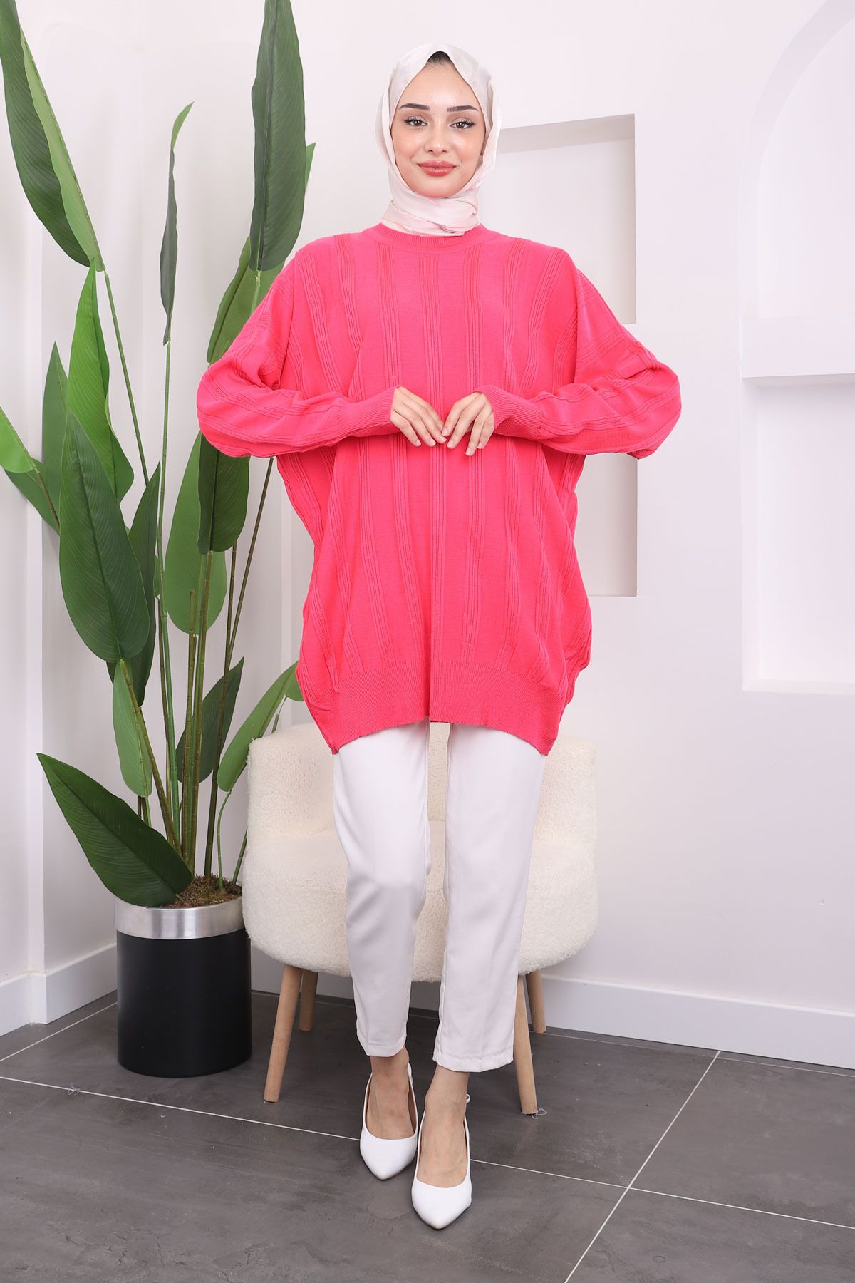 İmajButik-Fuchsia Crew Neck Mercerized Casual Knitwear Tunik 2