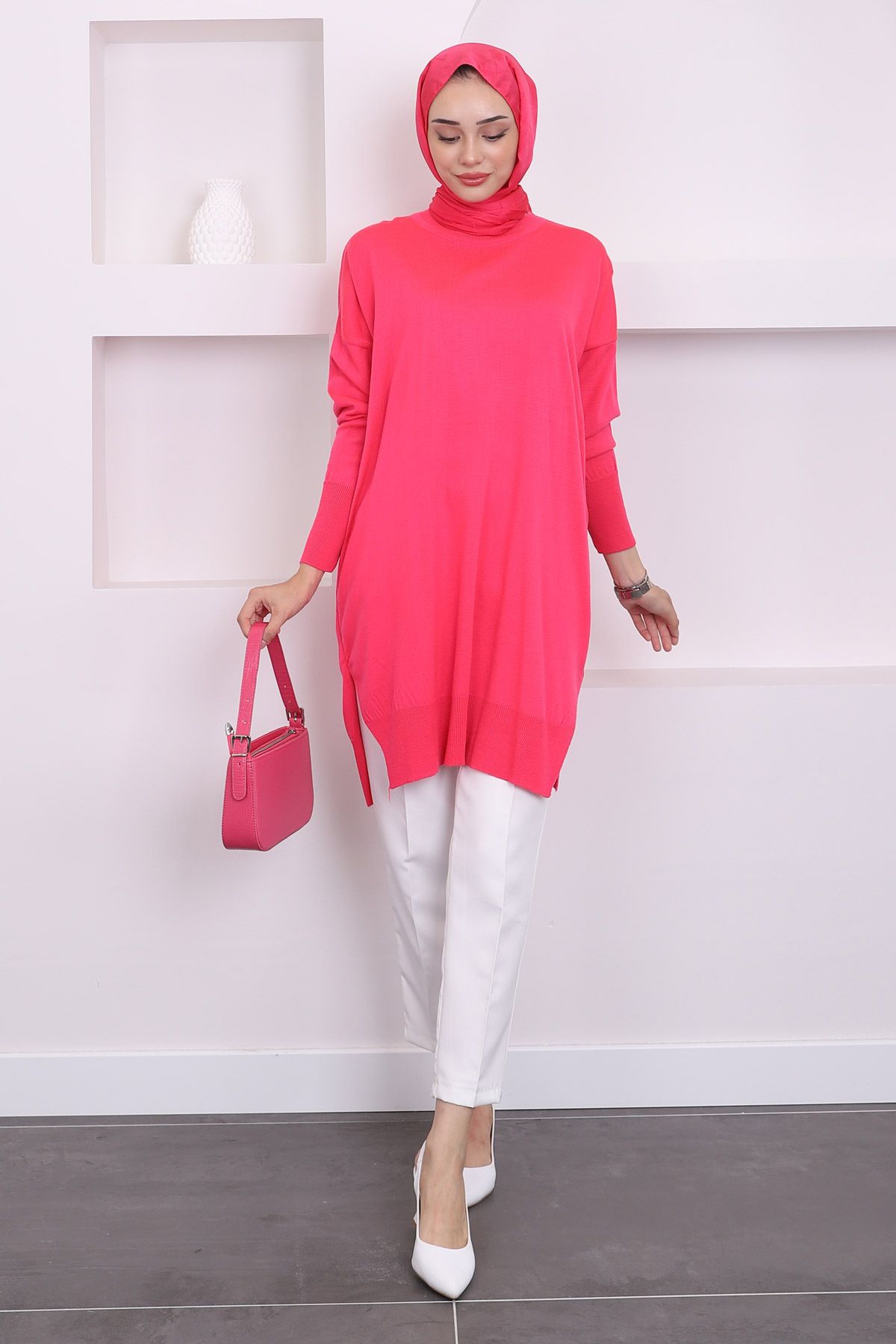 İmajButik-Fuchsia Casual Knitwear Tunic - Crew Neck, Thin Mercerized 3