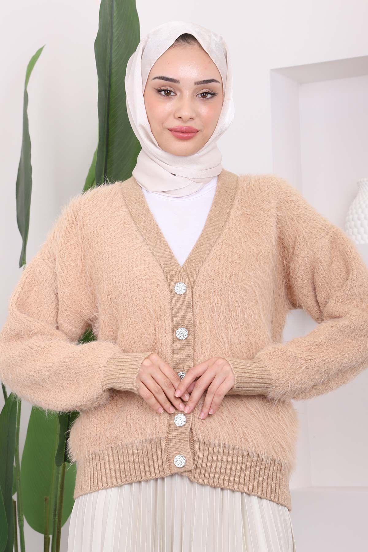 İmajButik-Biscuit Buttoned Angora Fur Knitwear Cardigan 2