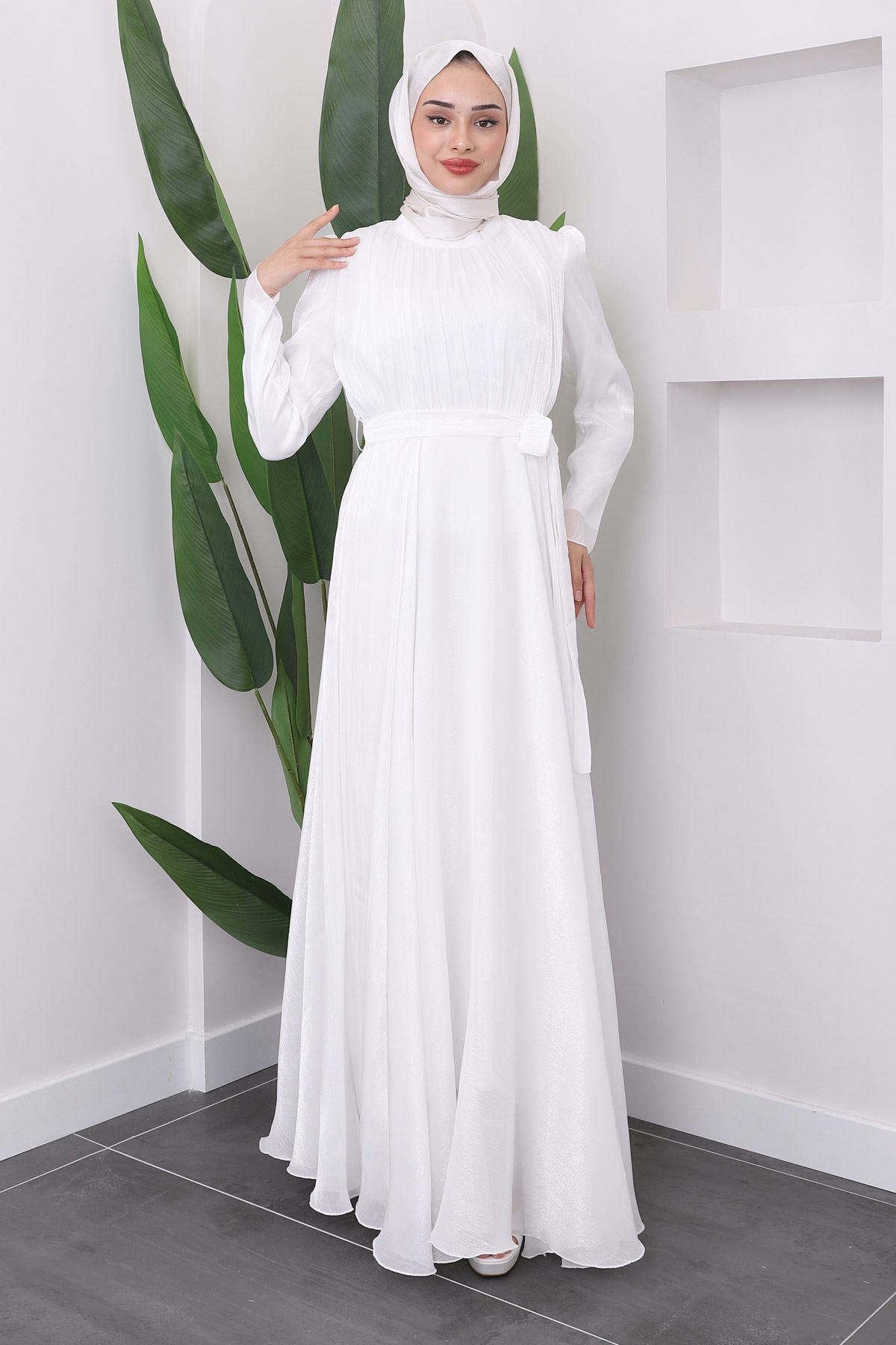 İmajButik-Front Pleated White Belted Evening Dress 1