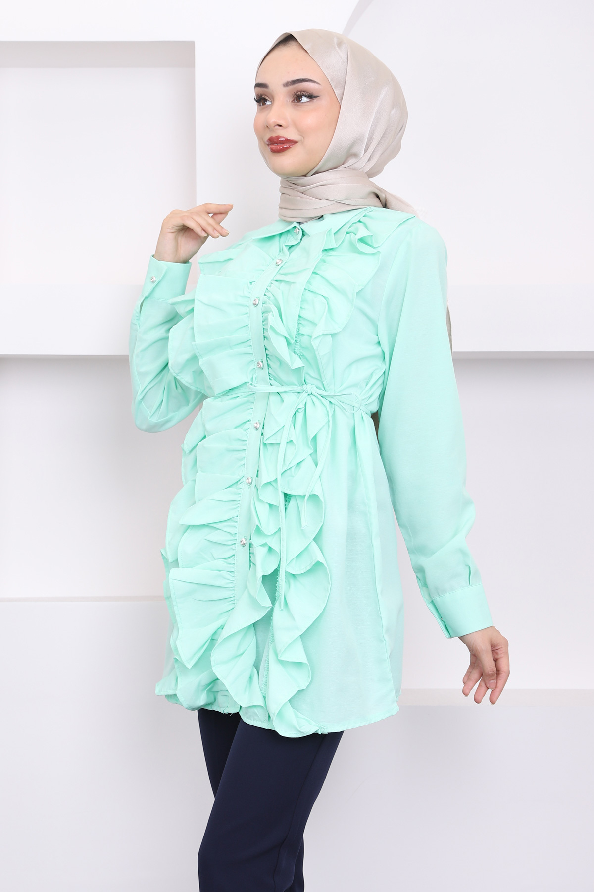 İmajButik-Poplin Tunic - Mint with Front Ruffle and Tie 4