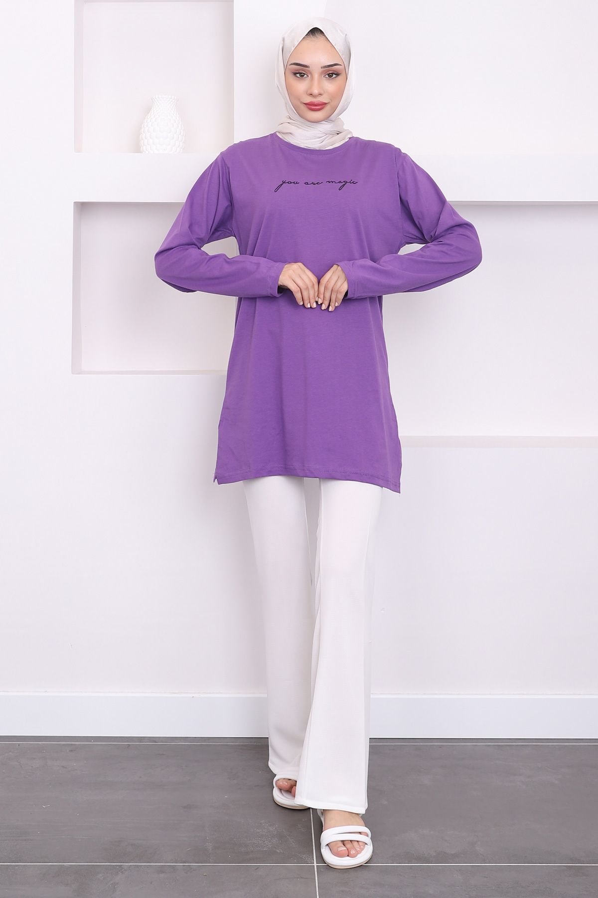 İmajButik-Long Sleeve Purple Printed Combed Cotton Tunic 2