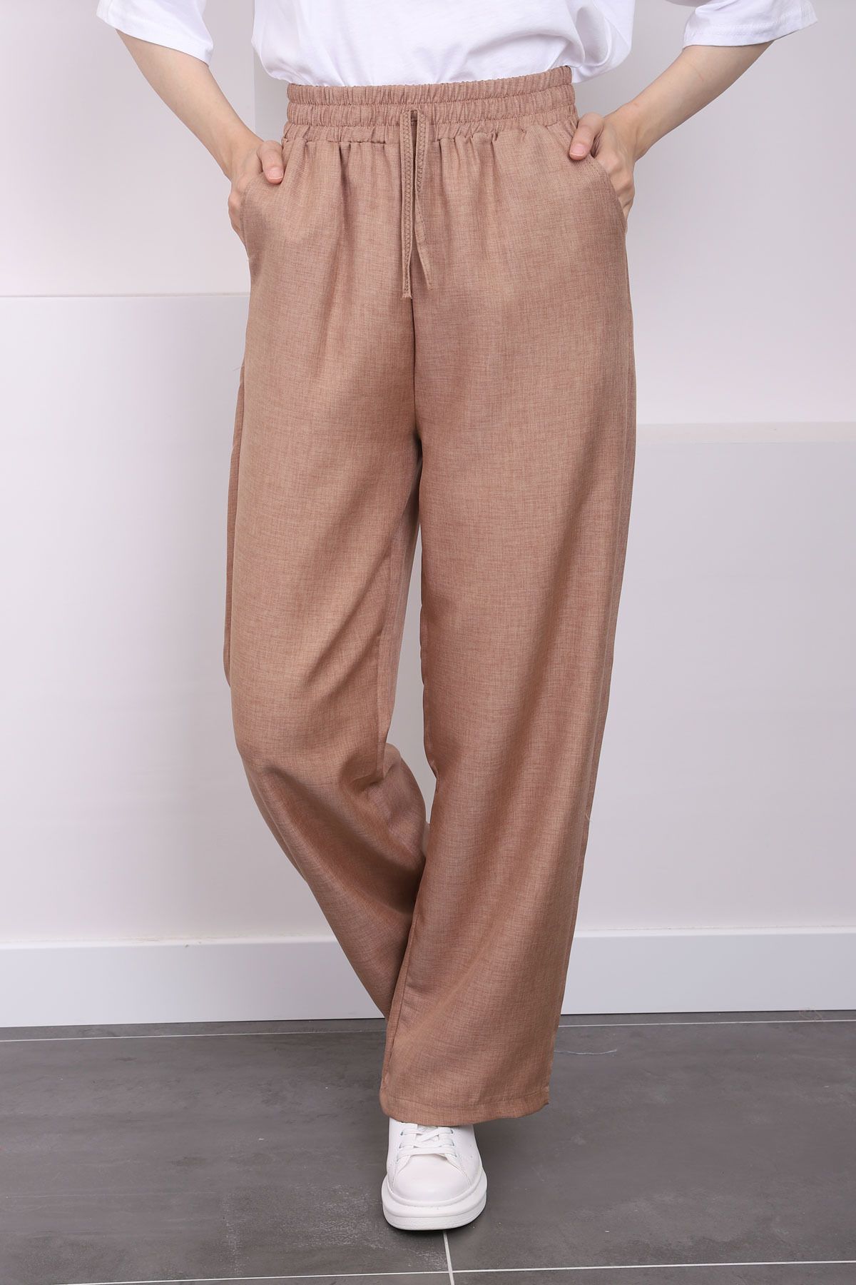 İmajButik-Linen Trousers - with Pockets and Elastic Waist, Brown Color 3