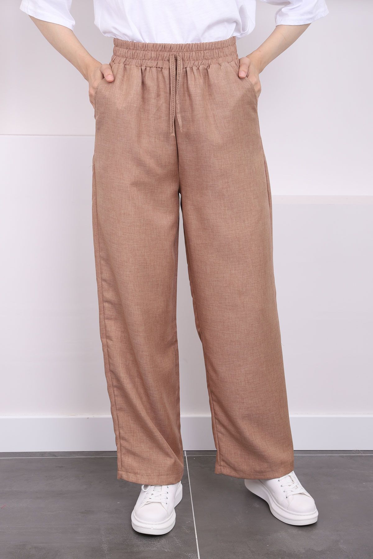 İmajButik-Linen Trousers - with Pockets and Elastic Waist, Brown Color 5