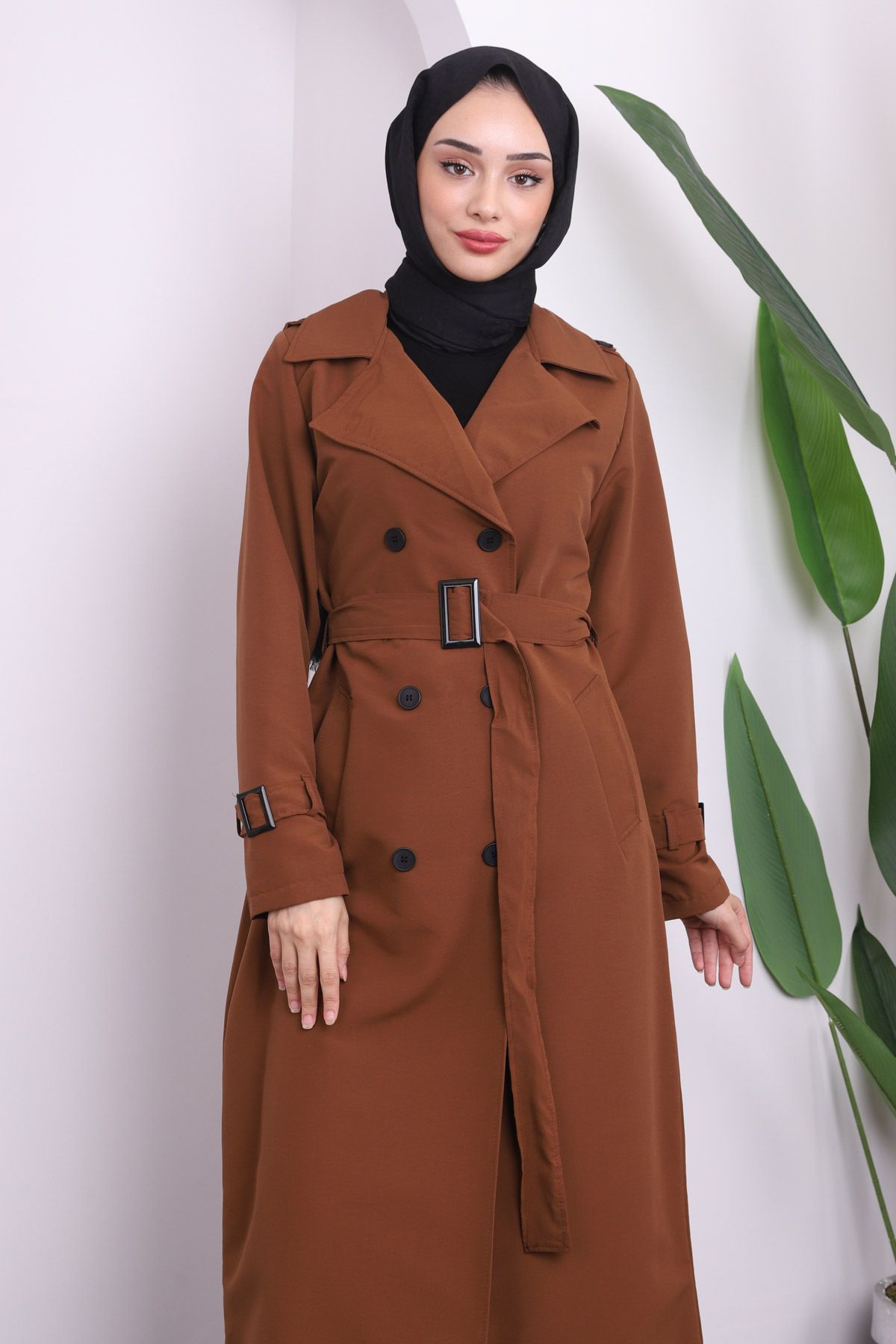 İmajButik-Brown Pocket Waist Belted Trench Coat 3