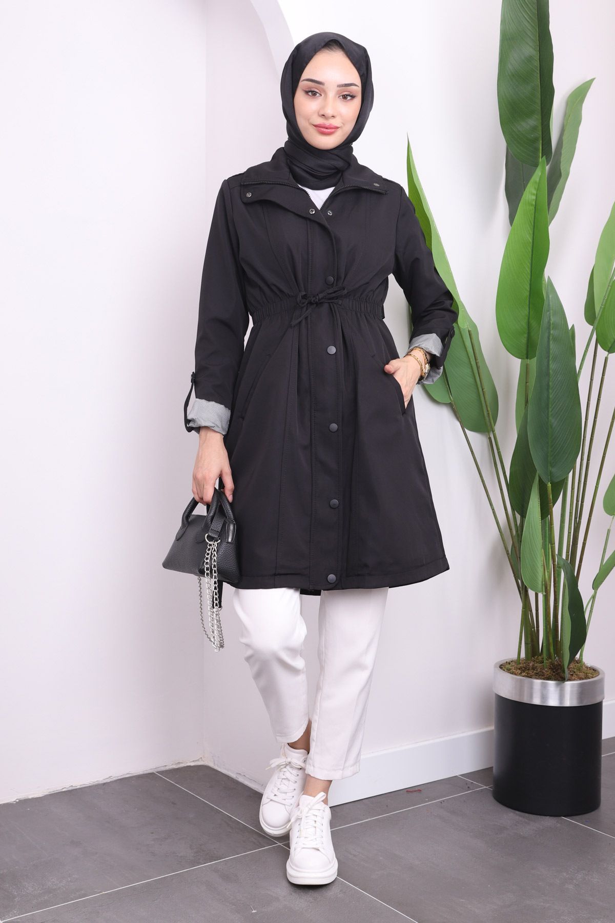 İmajButik-Black Pocketed Front Zipped Trench Coat 3