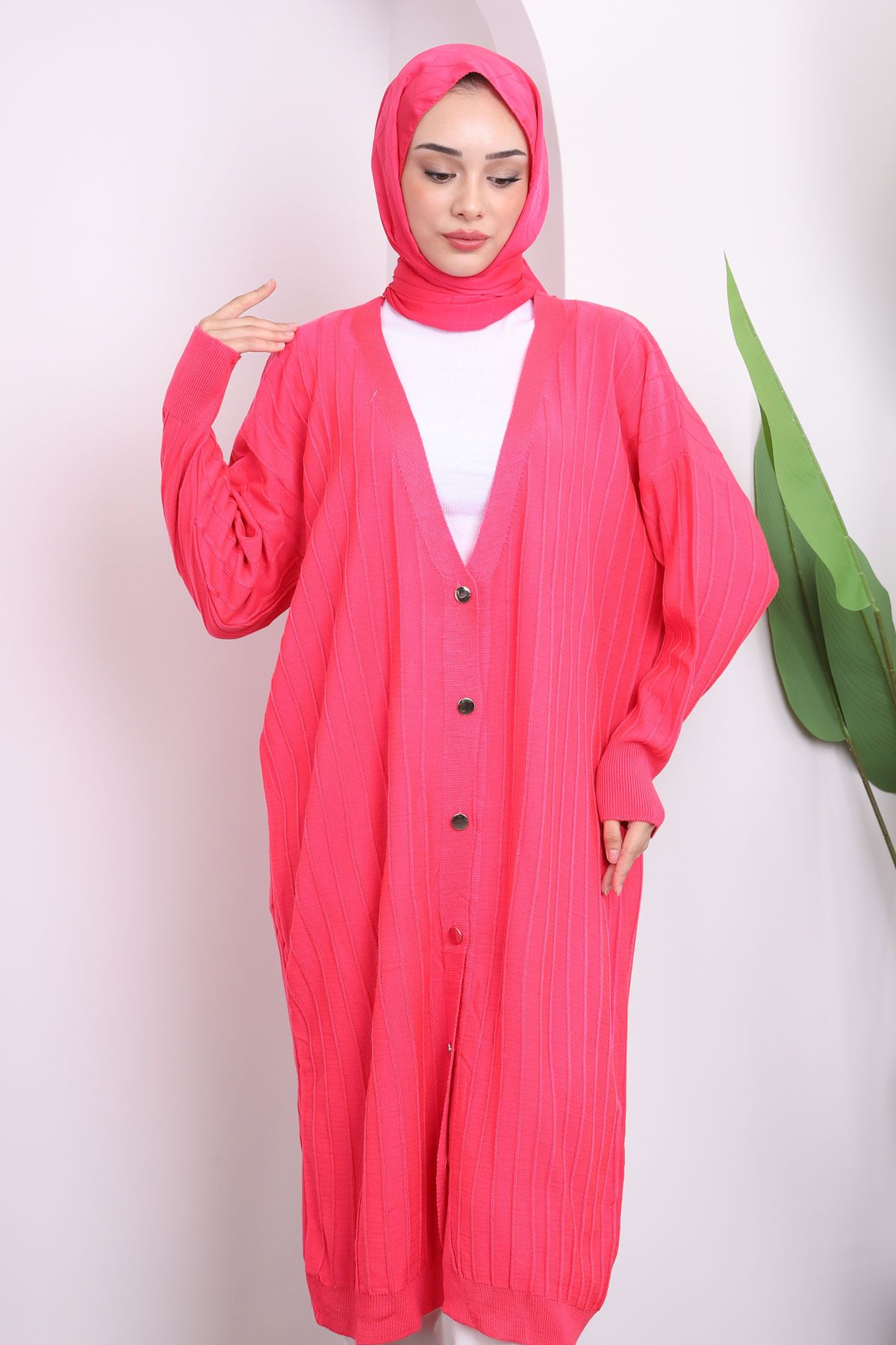 İmajButik-Fuchsia Buttoned Long Knitwear Mercerized Cardigan 3