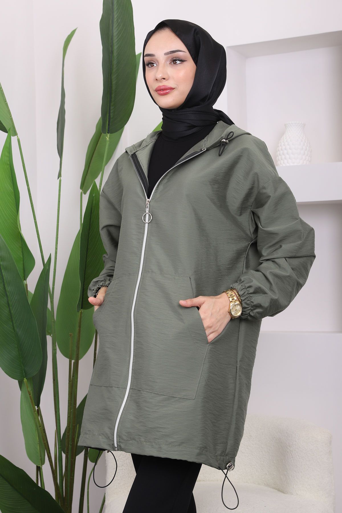 İmajButik-Khaki Hooded Zippered Trench Coat 3