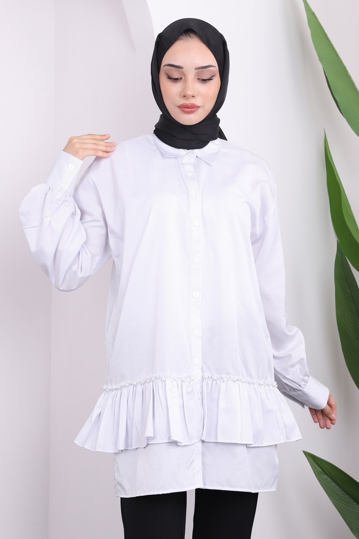 İmajButik-Light GrAy Striped PeArl DetAiled Tunic 1