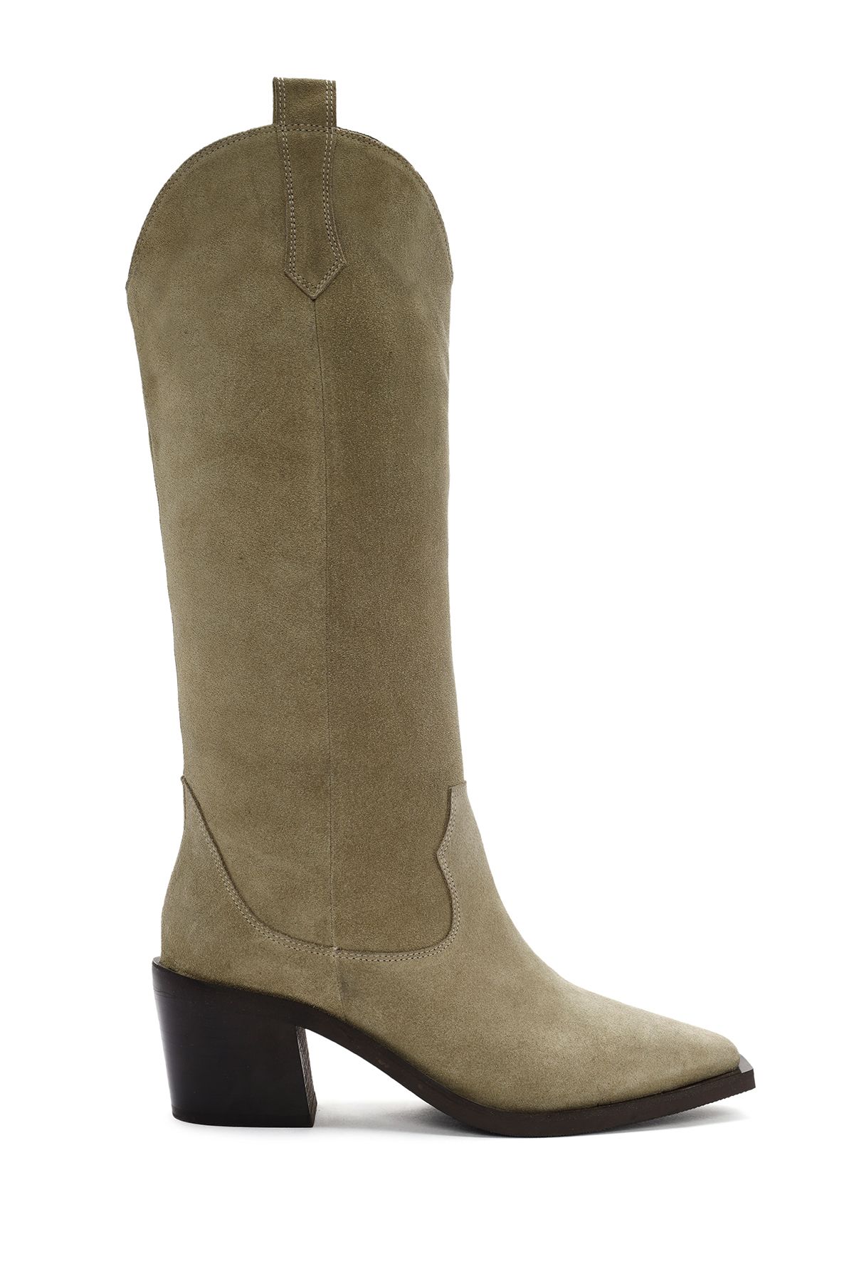 Derimod-Beige Suede Leather Cowboy Boots - Thick Heeled, Model No: 24Wfd 152710 1